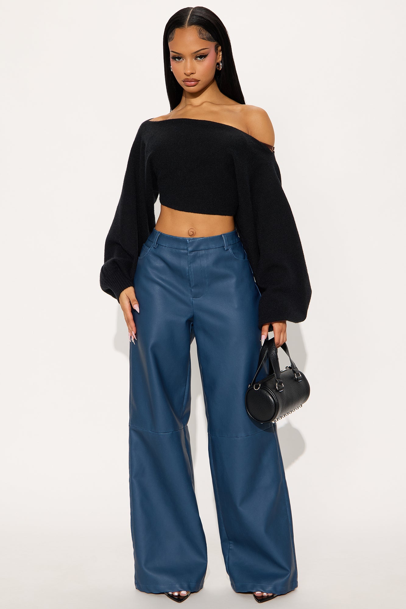 Double Down Faux Leather Wide Leg Pant 33″ - Blue