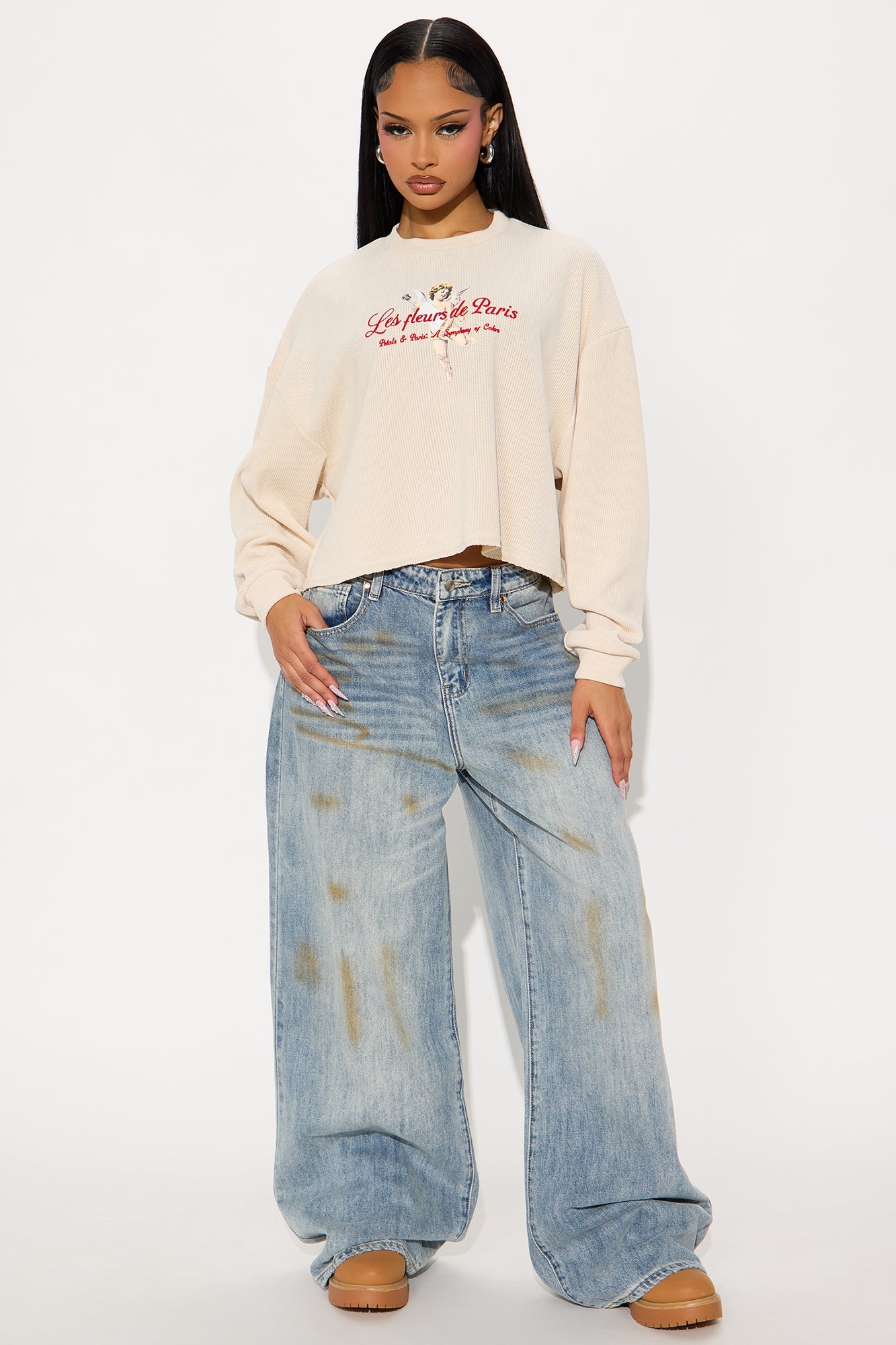 Paris & Petals Waffle Cropped Top - Cream