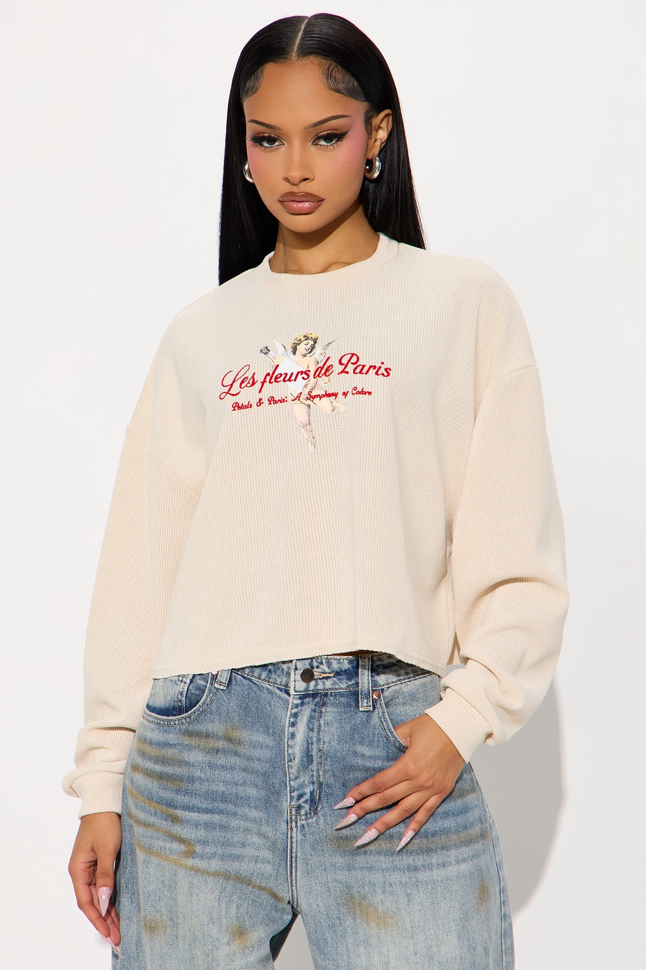 Paris & Petals Waffle Cropped Top - Cream