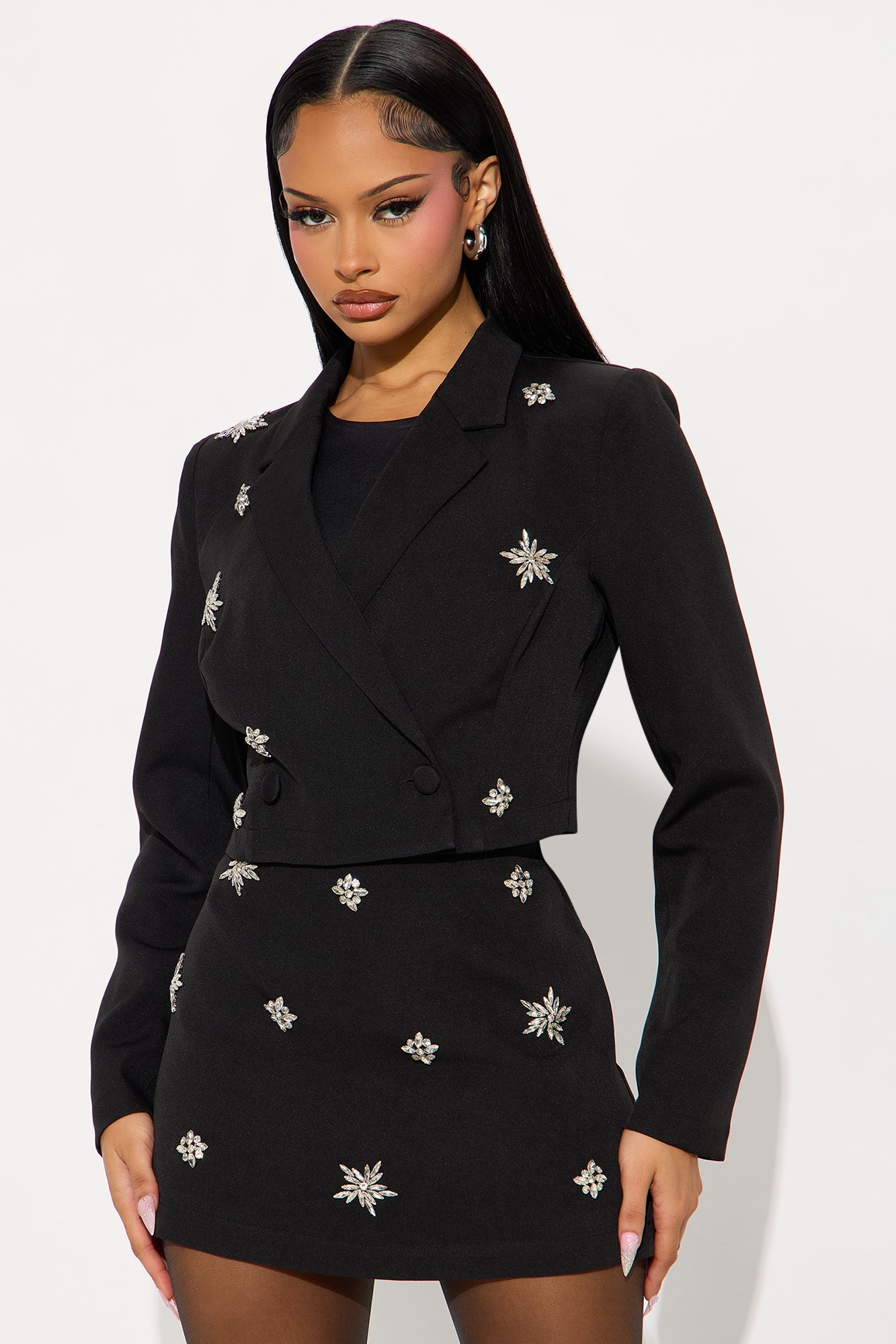 Aliyah Embellished Blazer Skirt Set - Black