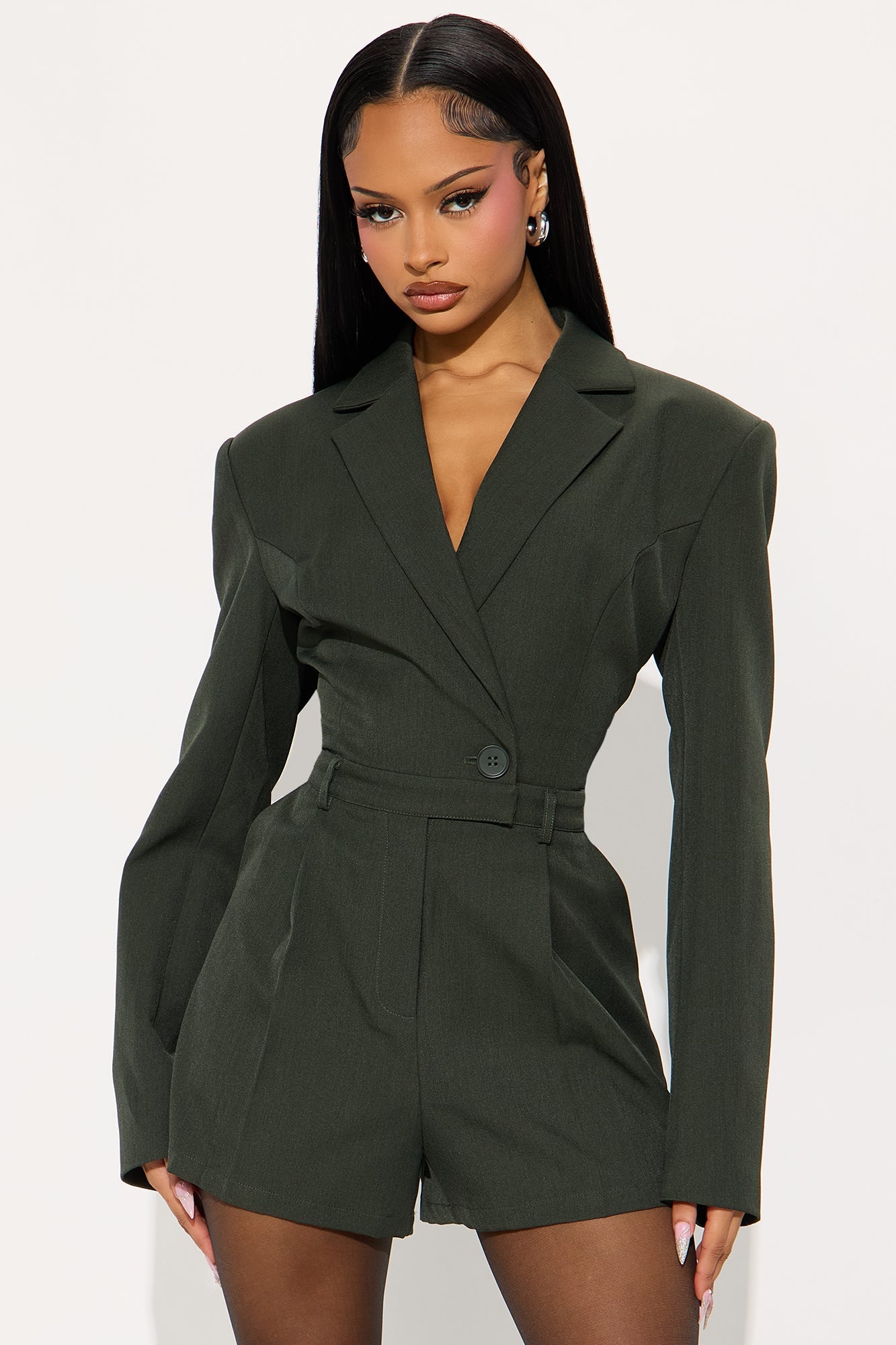 Shantal Bold Shoulder Blazer Romper - Dark Olive