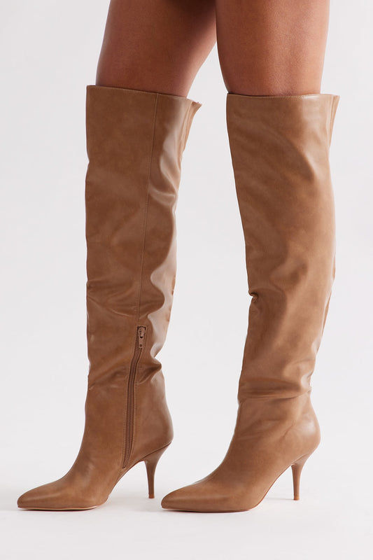 Acer Faux Leather Thigh High Boots - Taupe