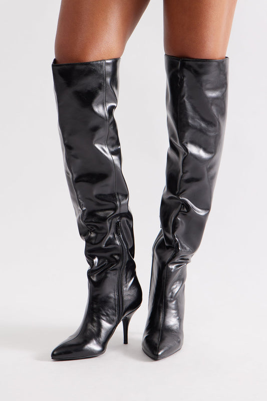 Acer Faux Leather Thigh High Boots - Black
