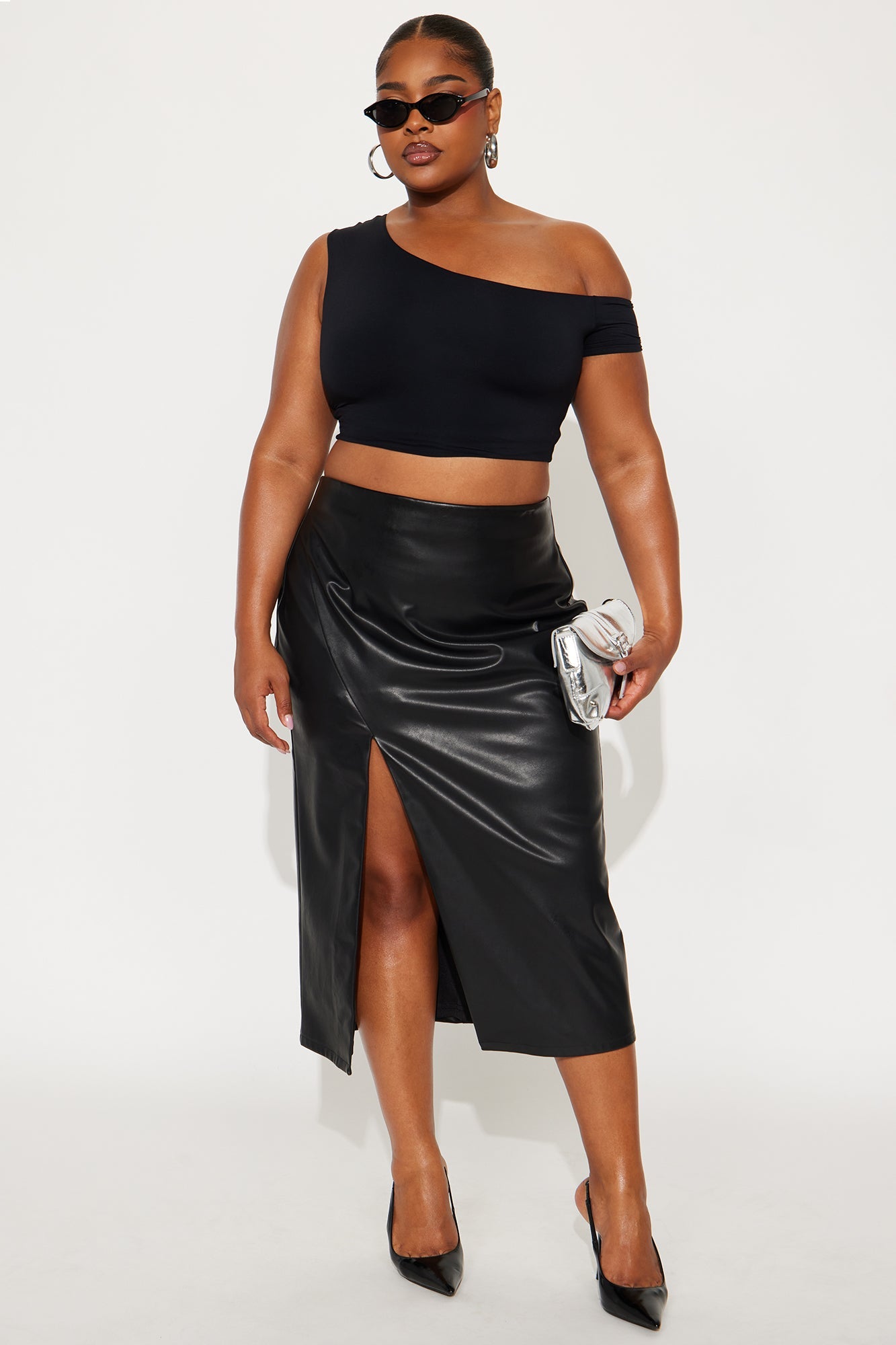 Amiah High Slit Faux Leather Midi Skirt - Black