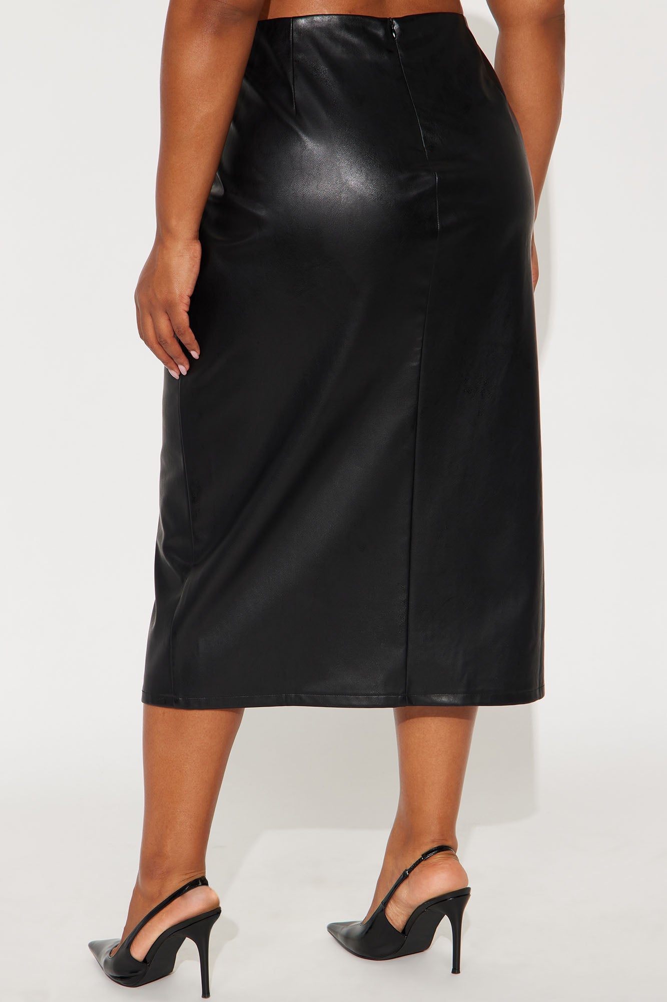 Amiah High Slit Faux Leather Midi Skirt - Black