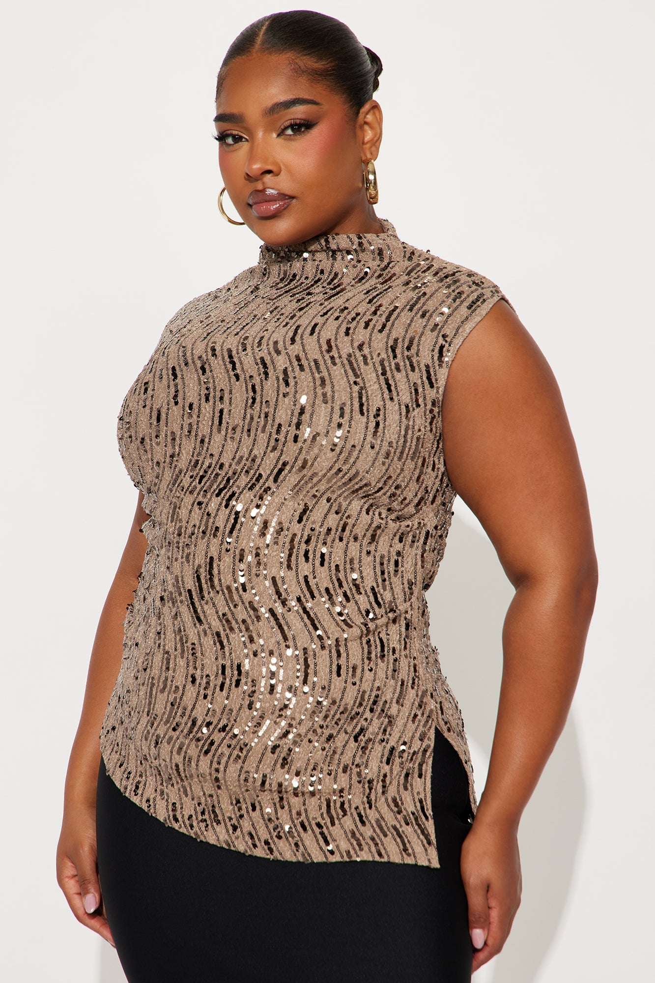 Ethereal Asymmetrical Mock Neck Sequin Top - Mocha