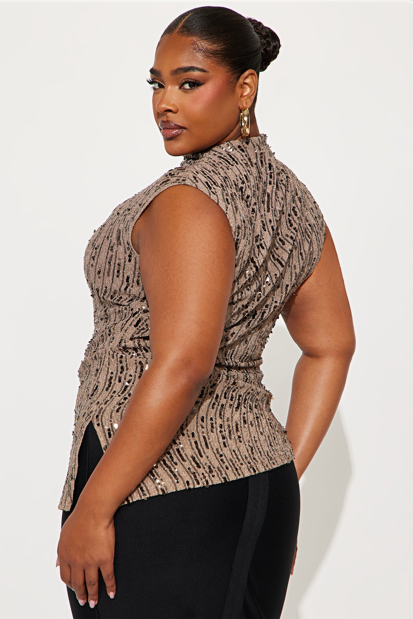 Ethereal Asymmetrical Mock Neck Sequin Top - Mocha