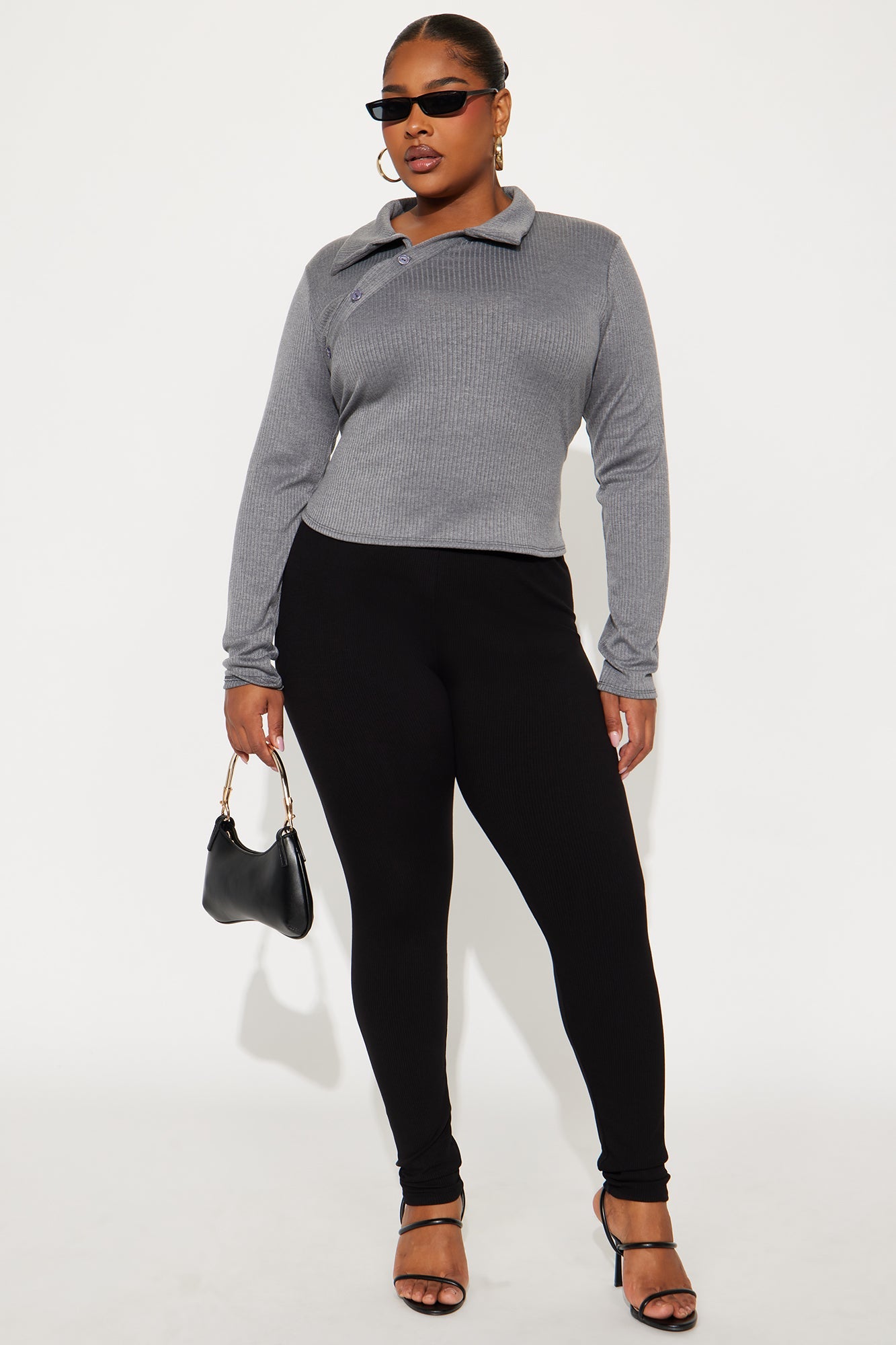 Maddy Button Up Ribbed Top - Grey