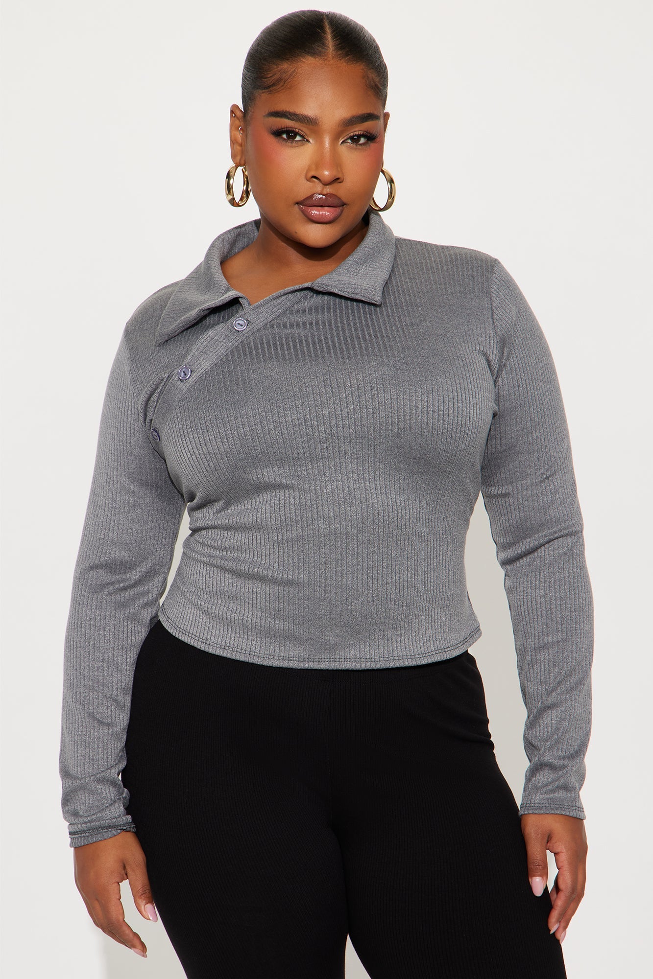 Maddy Button Up Ribbed Top - Grey