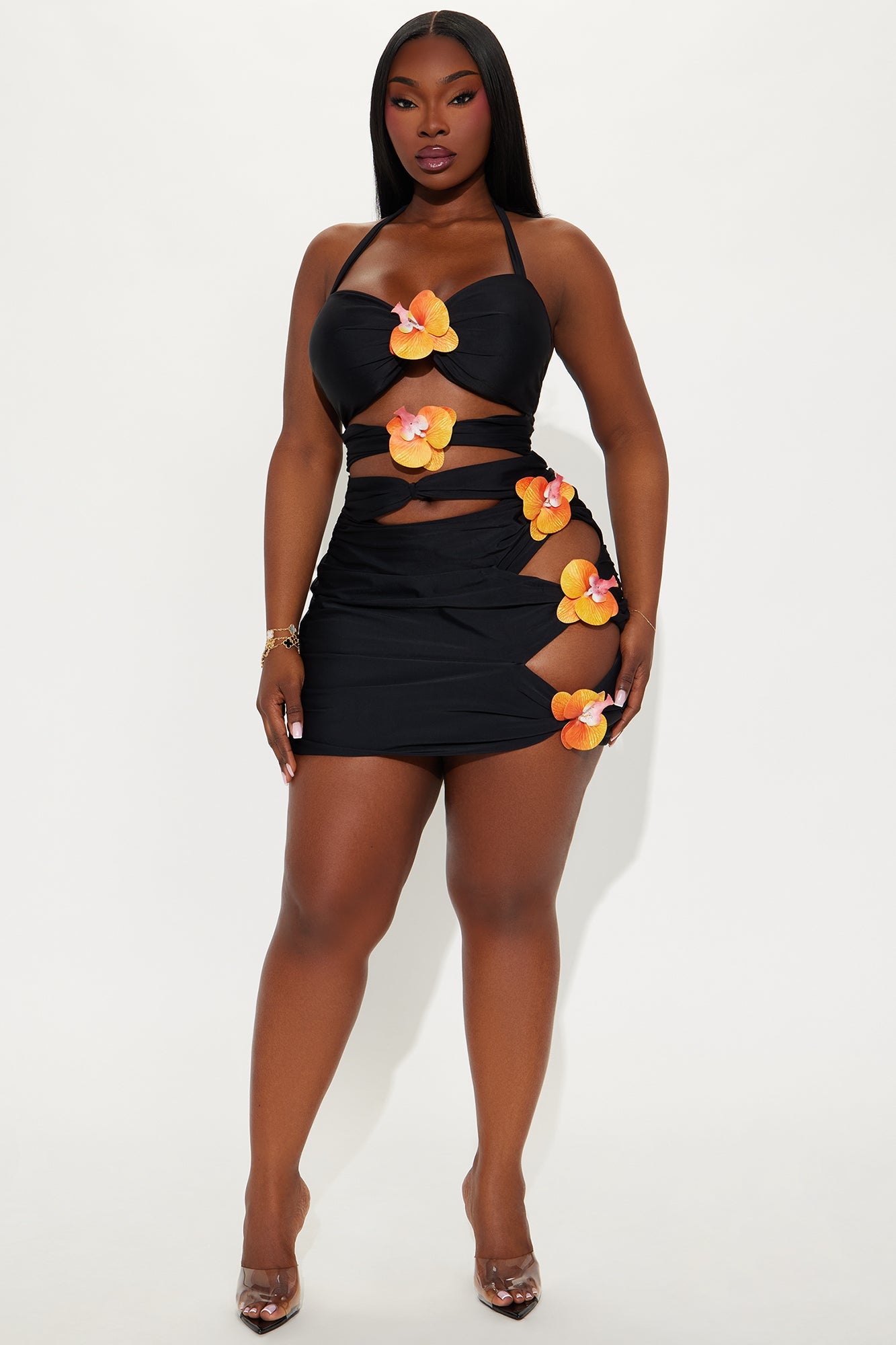 Paradise Orchid Flowers Cutout 1 Piece Swimsuit & Skirt Set - Black/combo