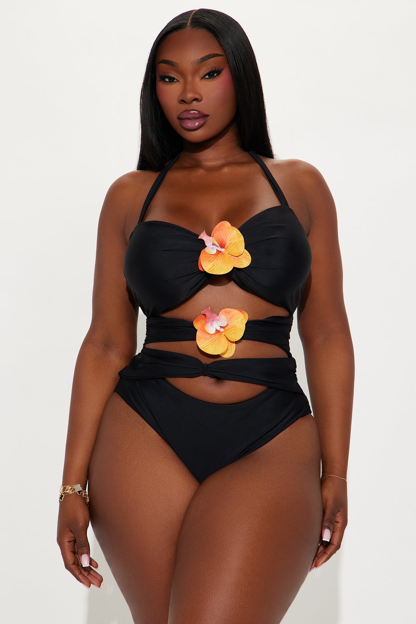 Paradise Orchid Flowers Cutout 1 Piece Swimsuit & Skirt Set - Black/combo