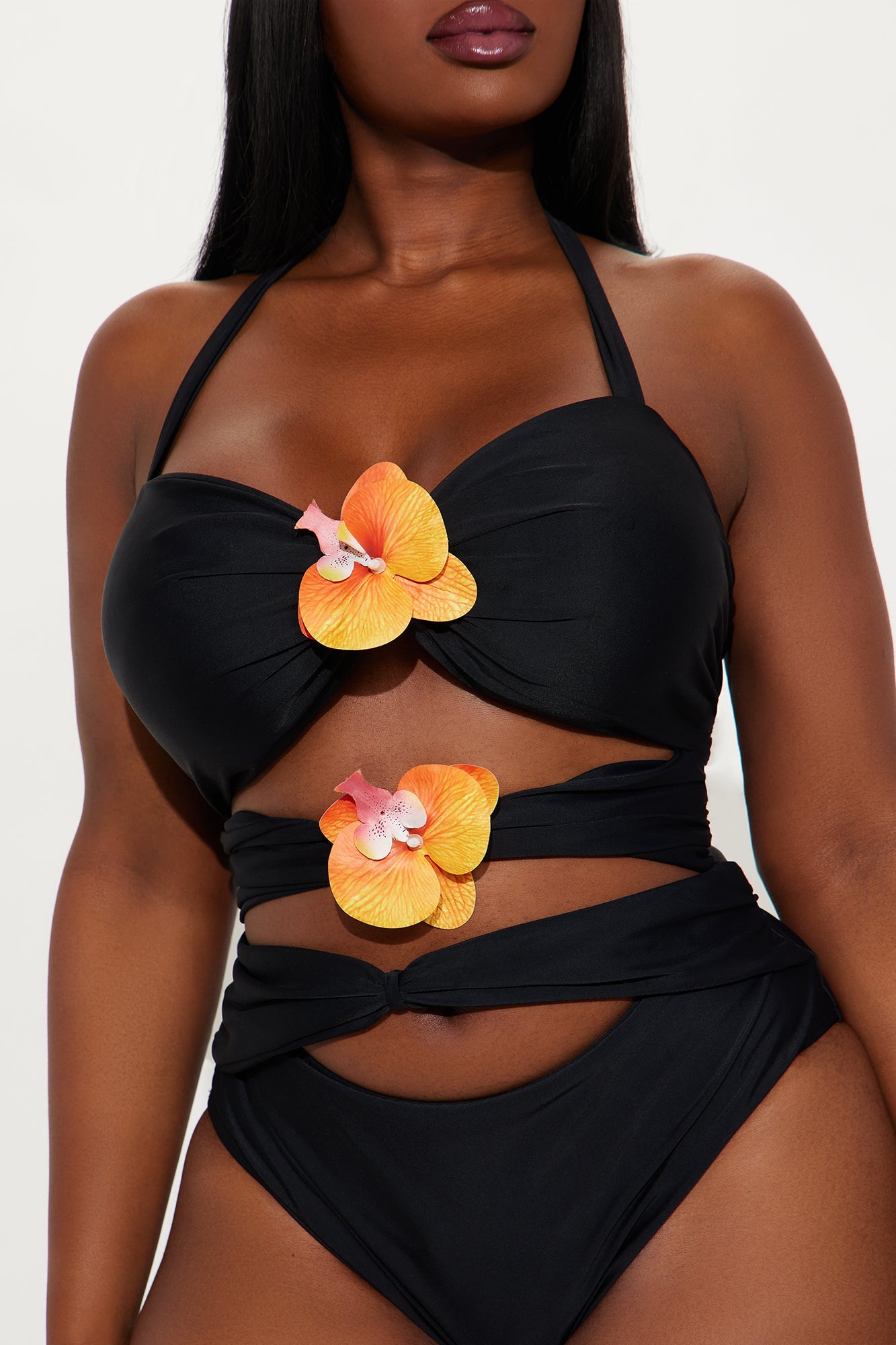 Paradise Orchid Flowers Cutout 1 Piece Swimsuit & Skirt Set - Black/combo