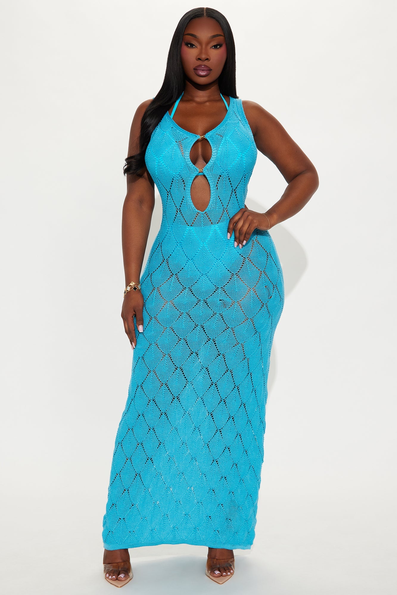 Jamila 3 Piece Bikini & Crochet Cover Up Dress Set - Turquoise