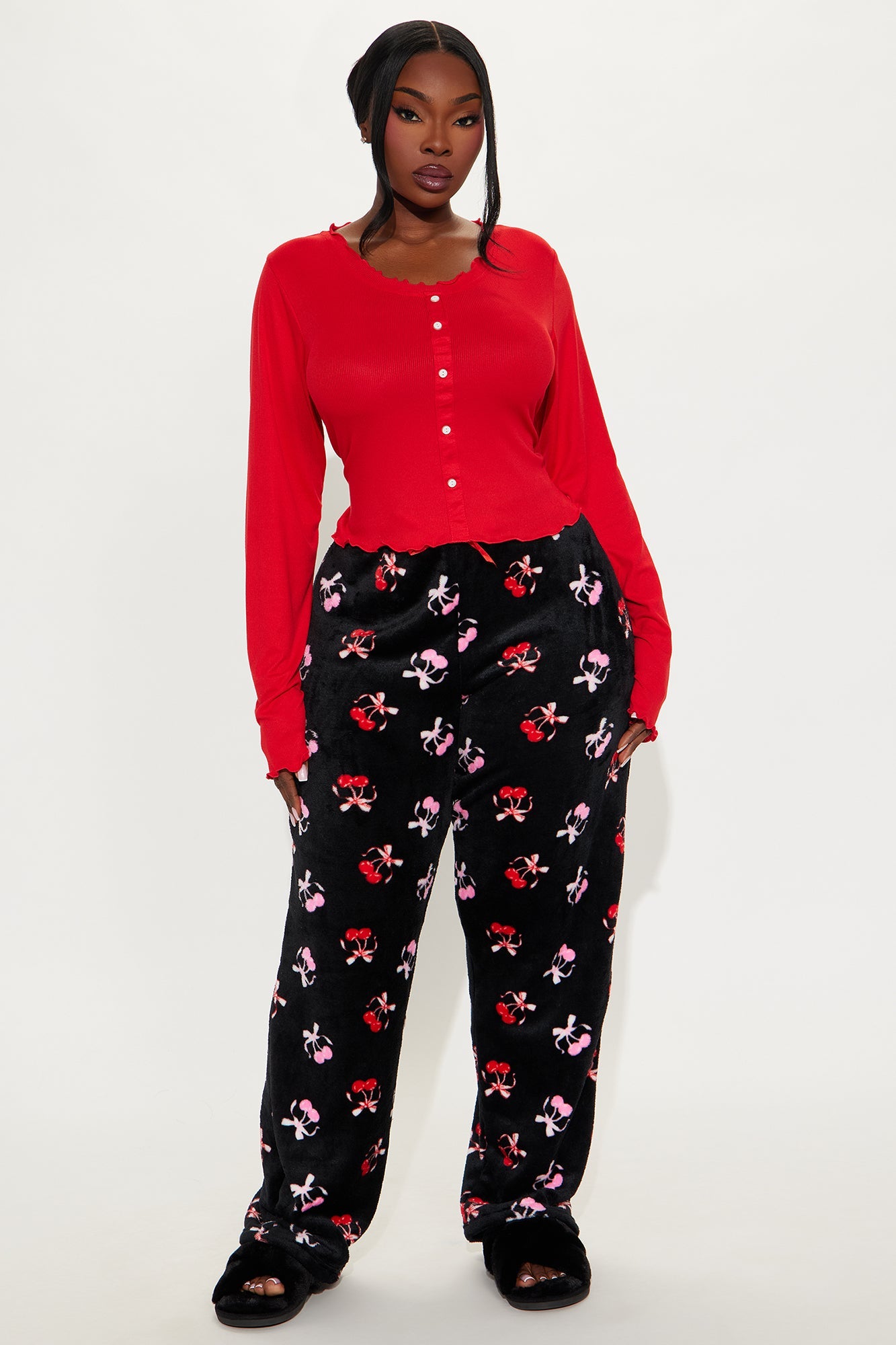 Cherry Pie Long Sleeve Plush PJ Pant Set - Red/Black