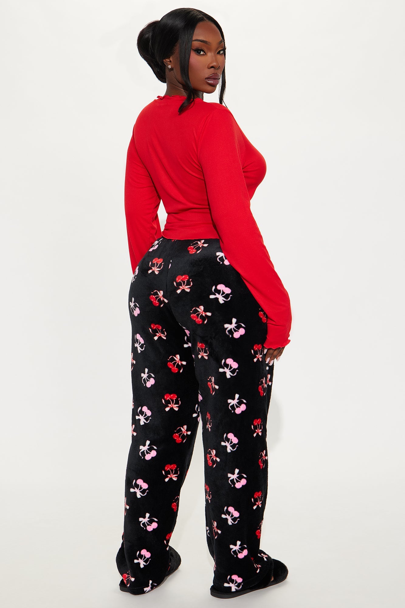 Cherry Pie Long Sleeve Plush PJ Pant Set - Red/Black