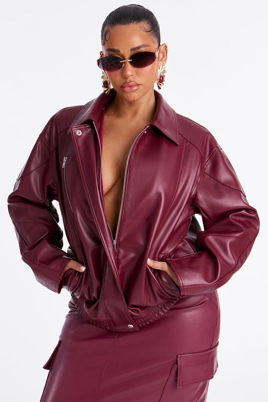 More To Come Faux Leather Bomber Jacket - Burgundy