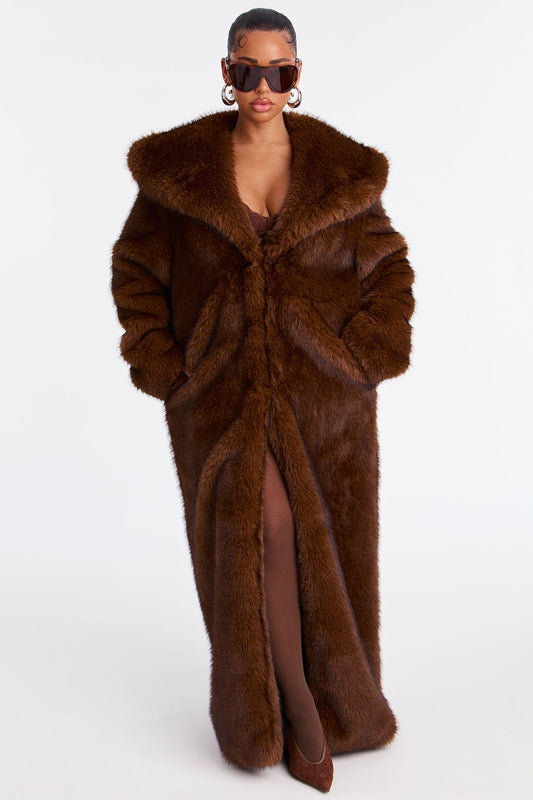 Bella Donna Two Tone Long Faux Fur Coat - Brown