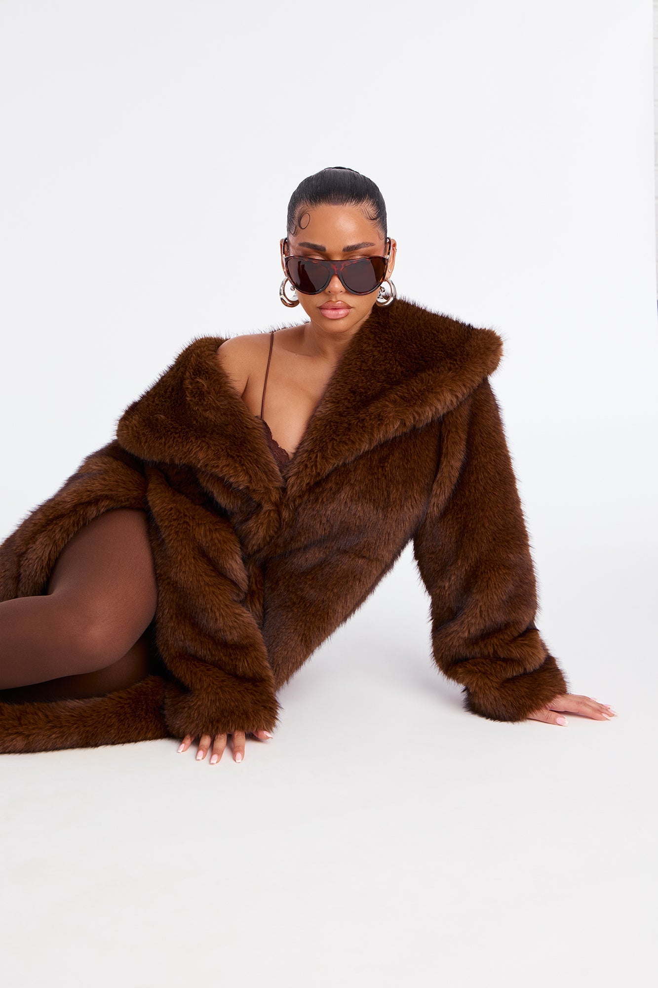 Bella Donna Two Tone Long Faux Fur Coat - Brown