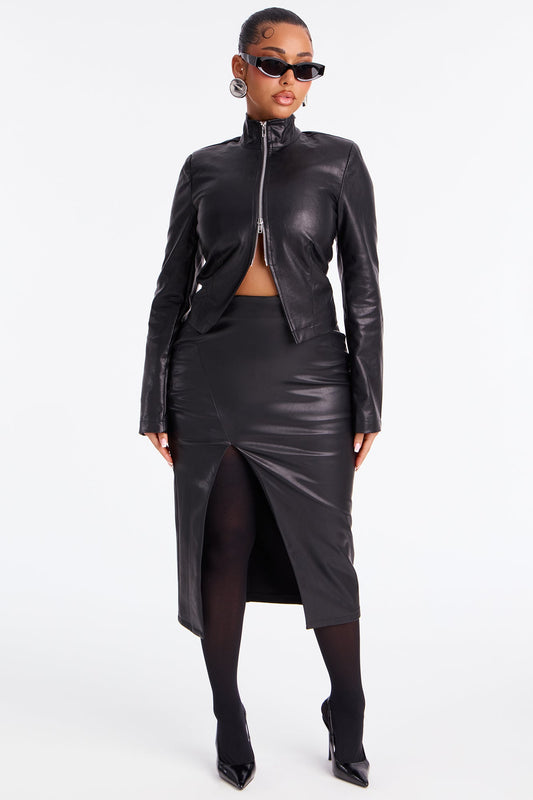 Amiah High Slit Faux Leather Midi Skirt - Black