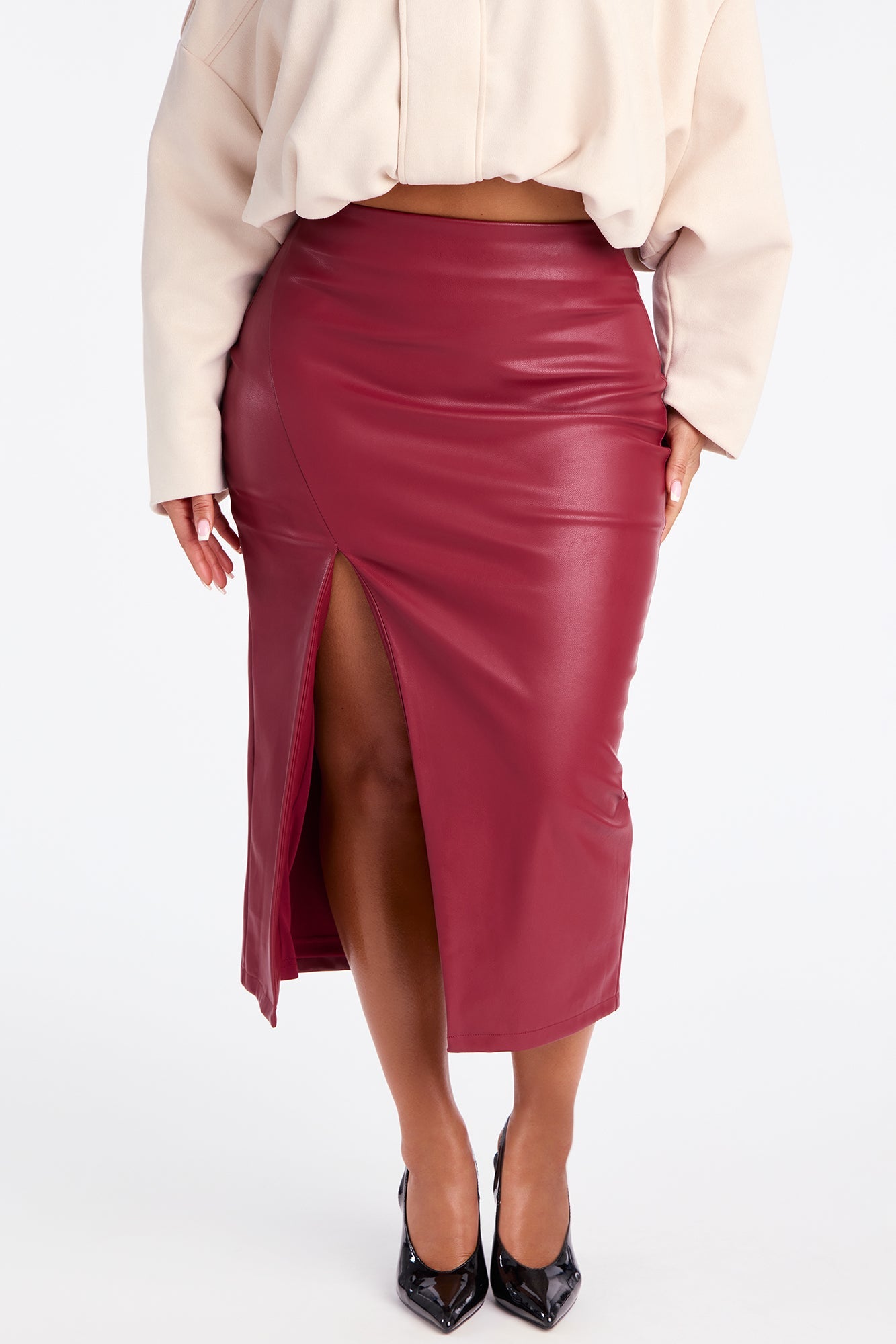 Amiah High Slit Faux Leather Midi Skirt - Burgundy