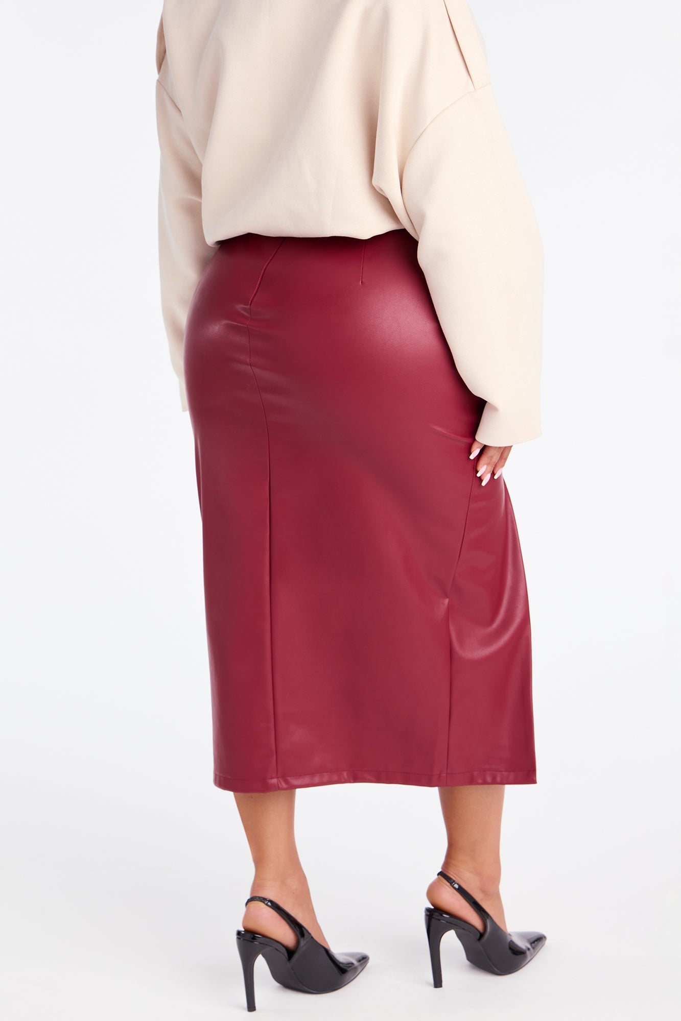 Amiah High Slit Faux Leather Midi Skirt - Burgundy