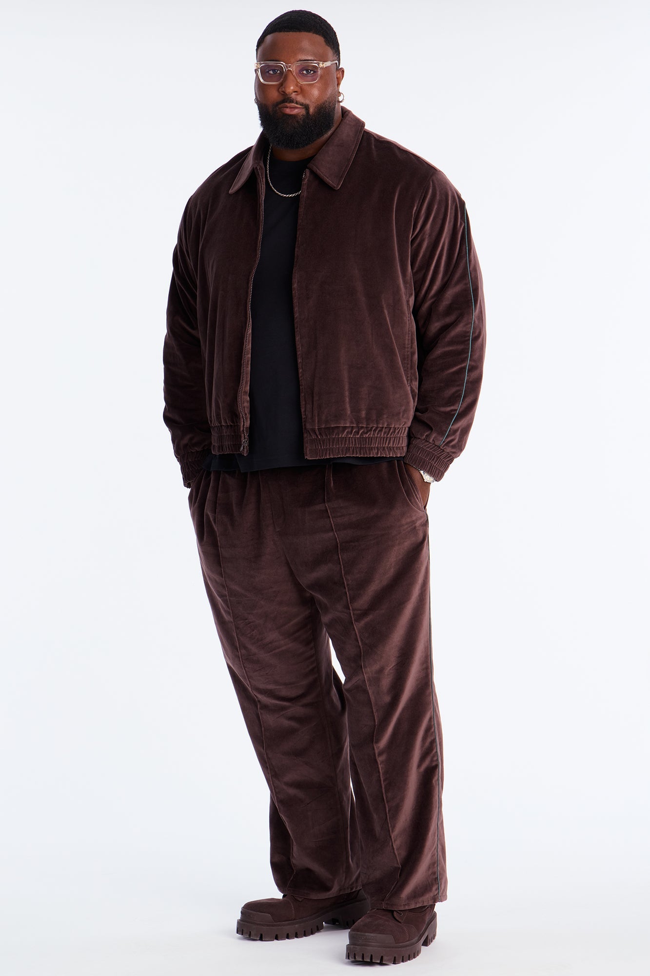 Cropped Around The Track Faux Velour Piped Zip Jacket - Brown