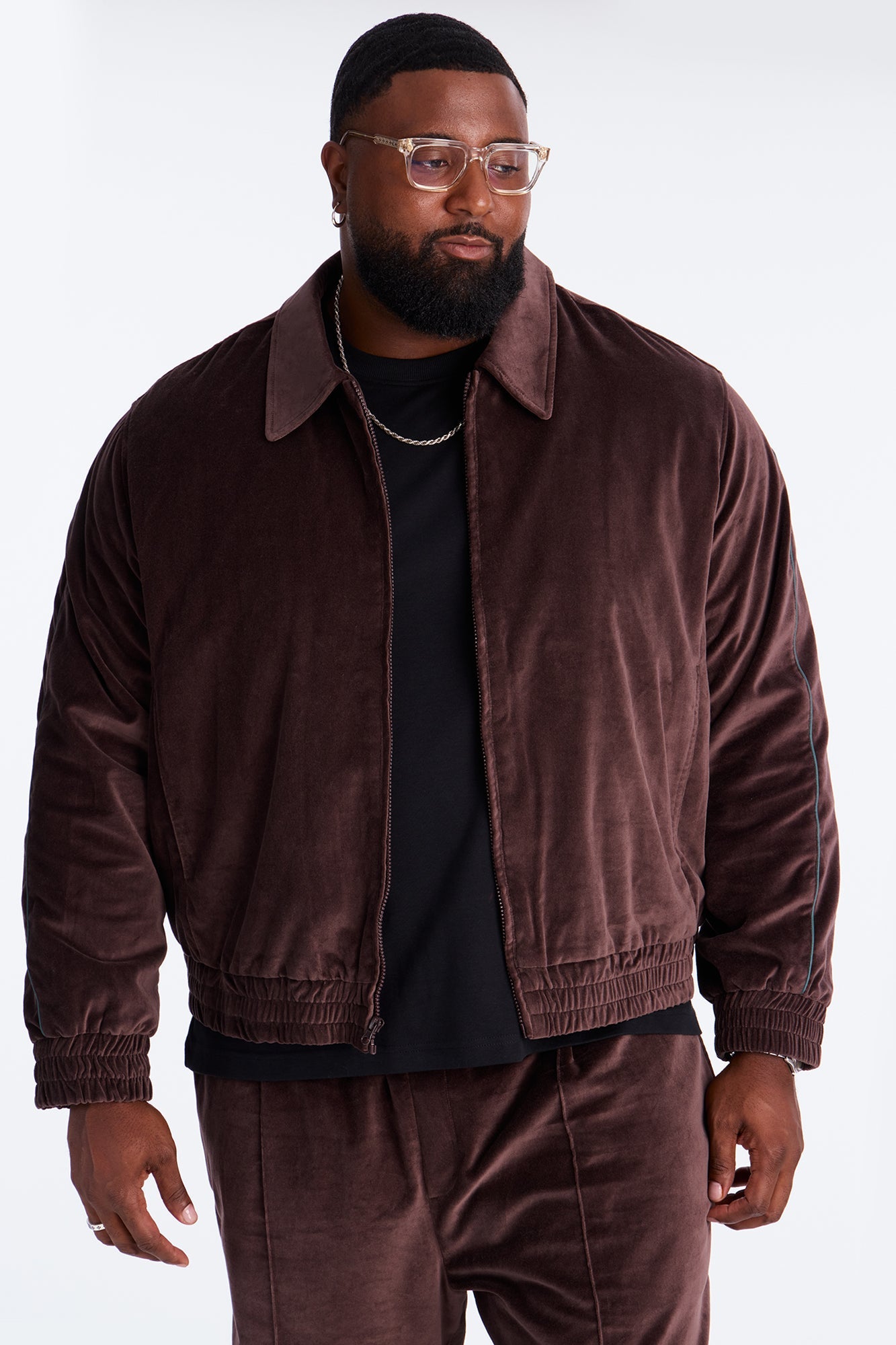 Cropped Around The Track Faux Velour Piped Zip Jacket - Brown