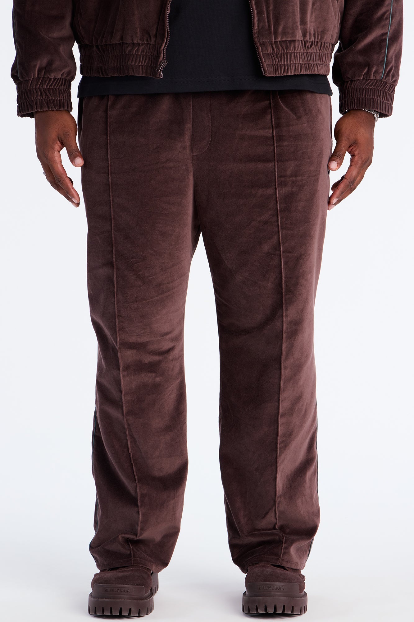 Straight Around The Track Faux Velour Piped Pant - Brown