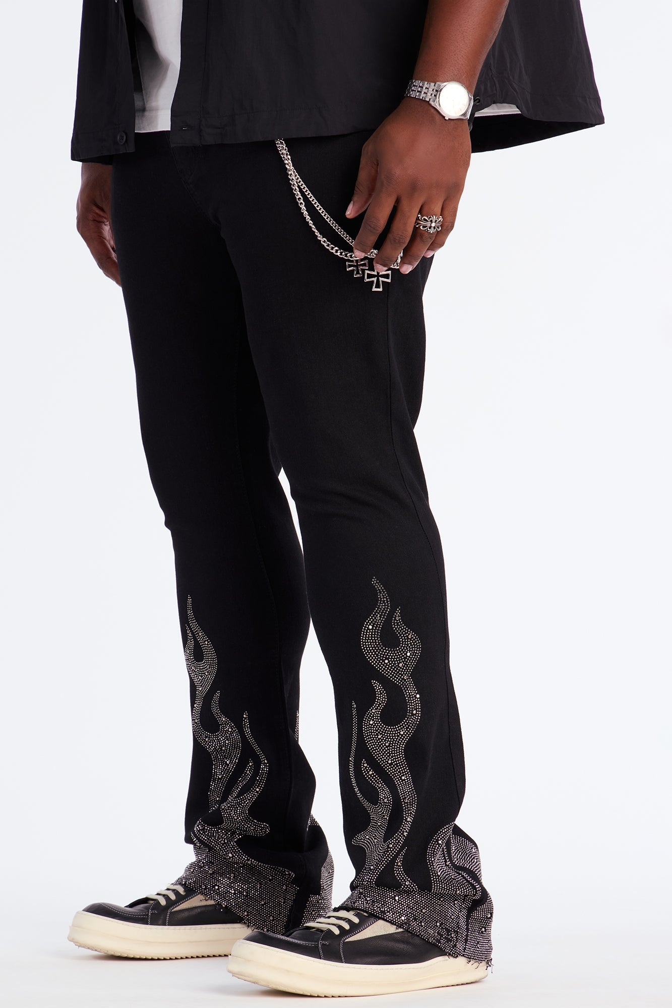 Stacked Skinny Flare Flames Up Jeweled Jean - Black