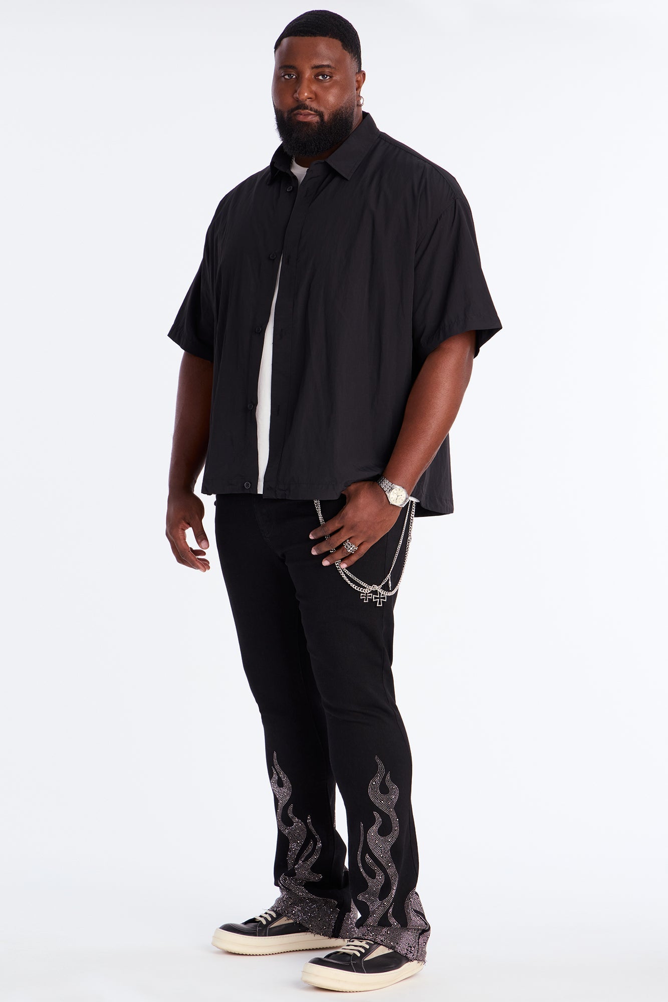 Stacked Skinny Flare Flames Up Jeweled Jean - Black