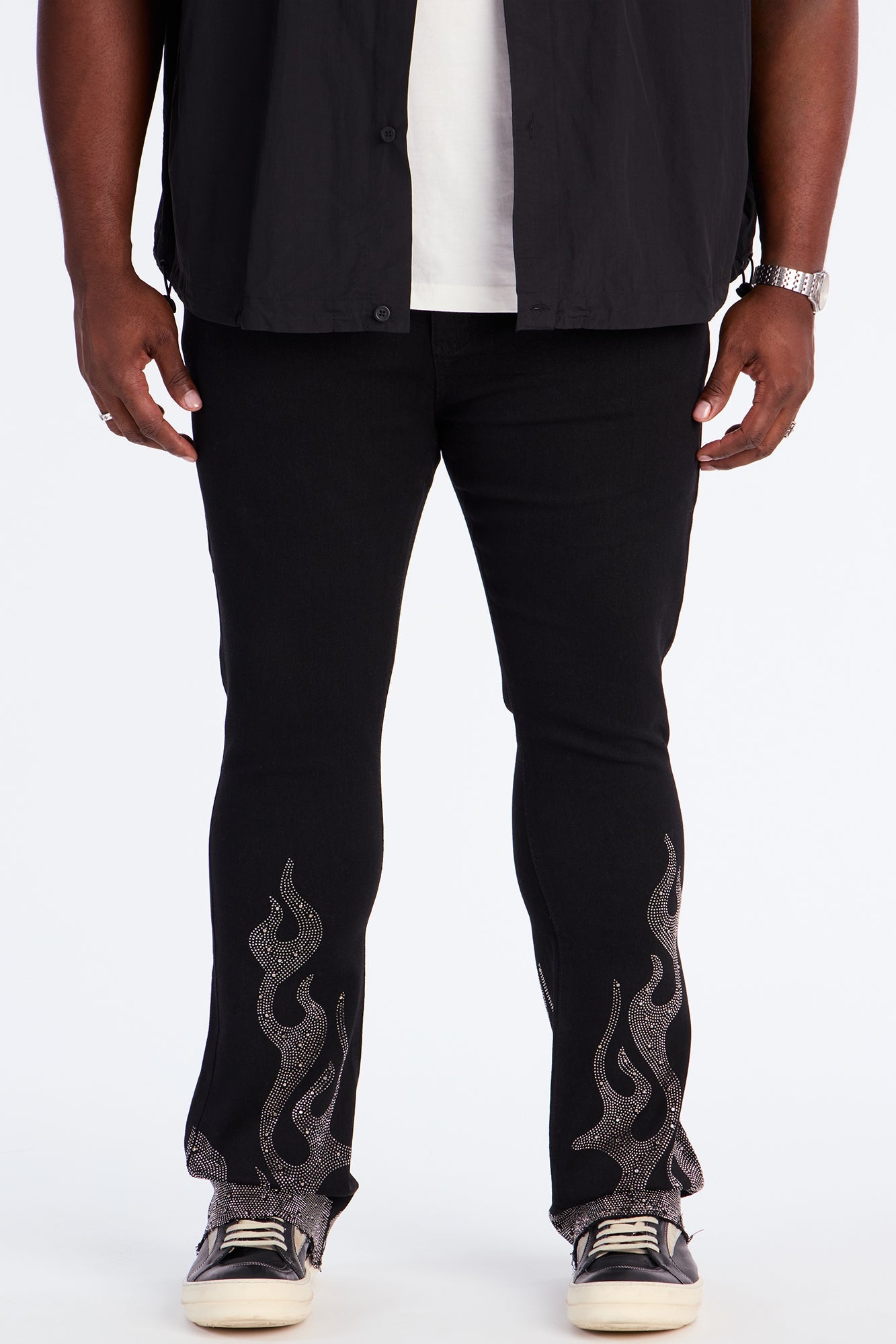 Stacked Skinny Flare Flames Up Jeweled Jean - Black