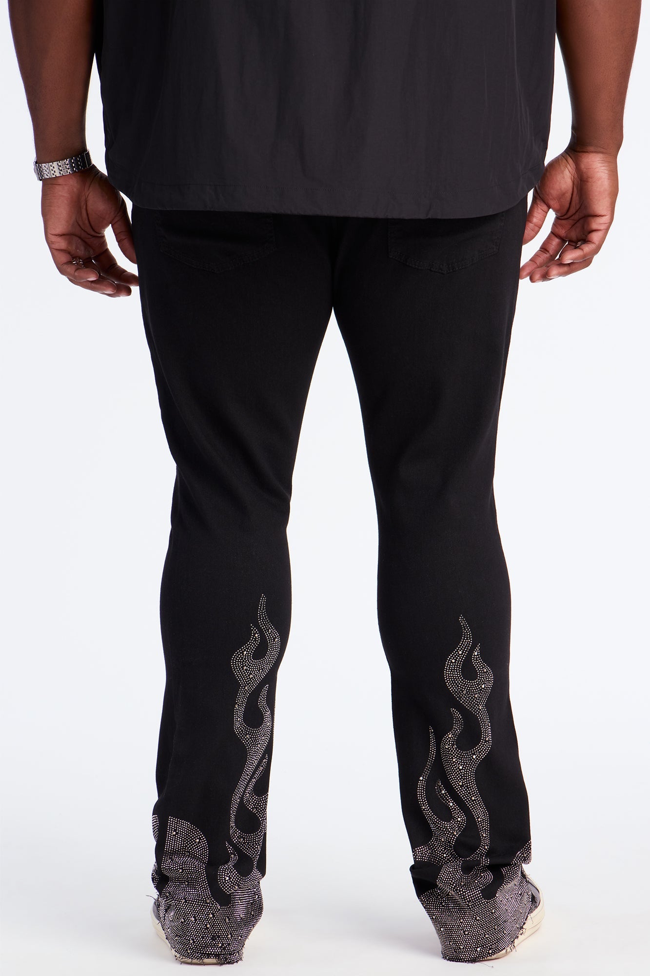 Stacked Skinny Flare Flames Up Jeweled Jean - Black