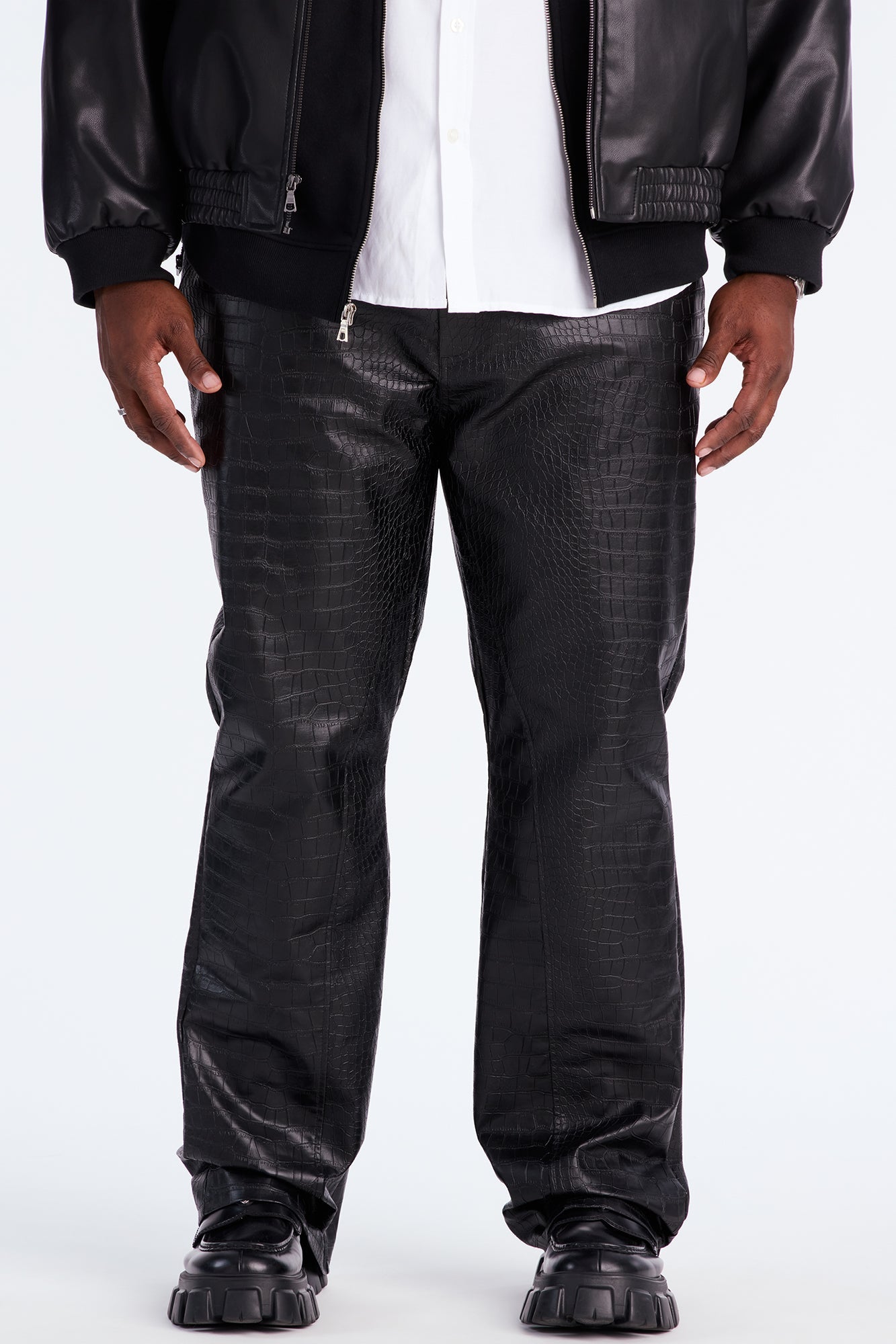 Stacked Slim Flare Gator Embossed Faux Leather Pant - Black