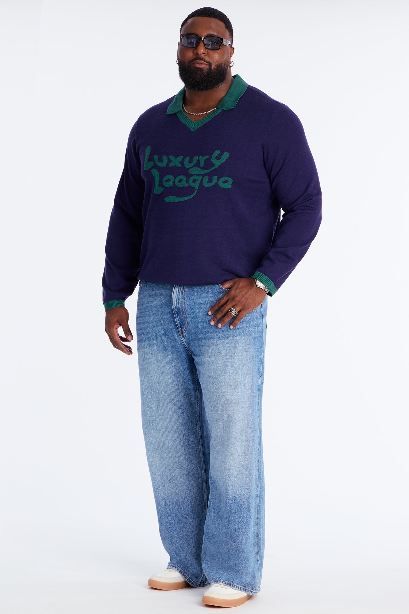 Luxury League Lightweight Knit Long Sleeve Polo - Navy/combo