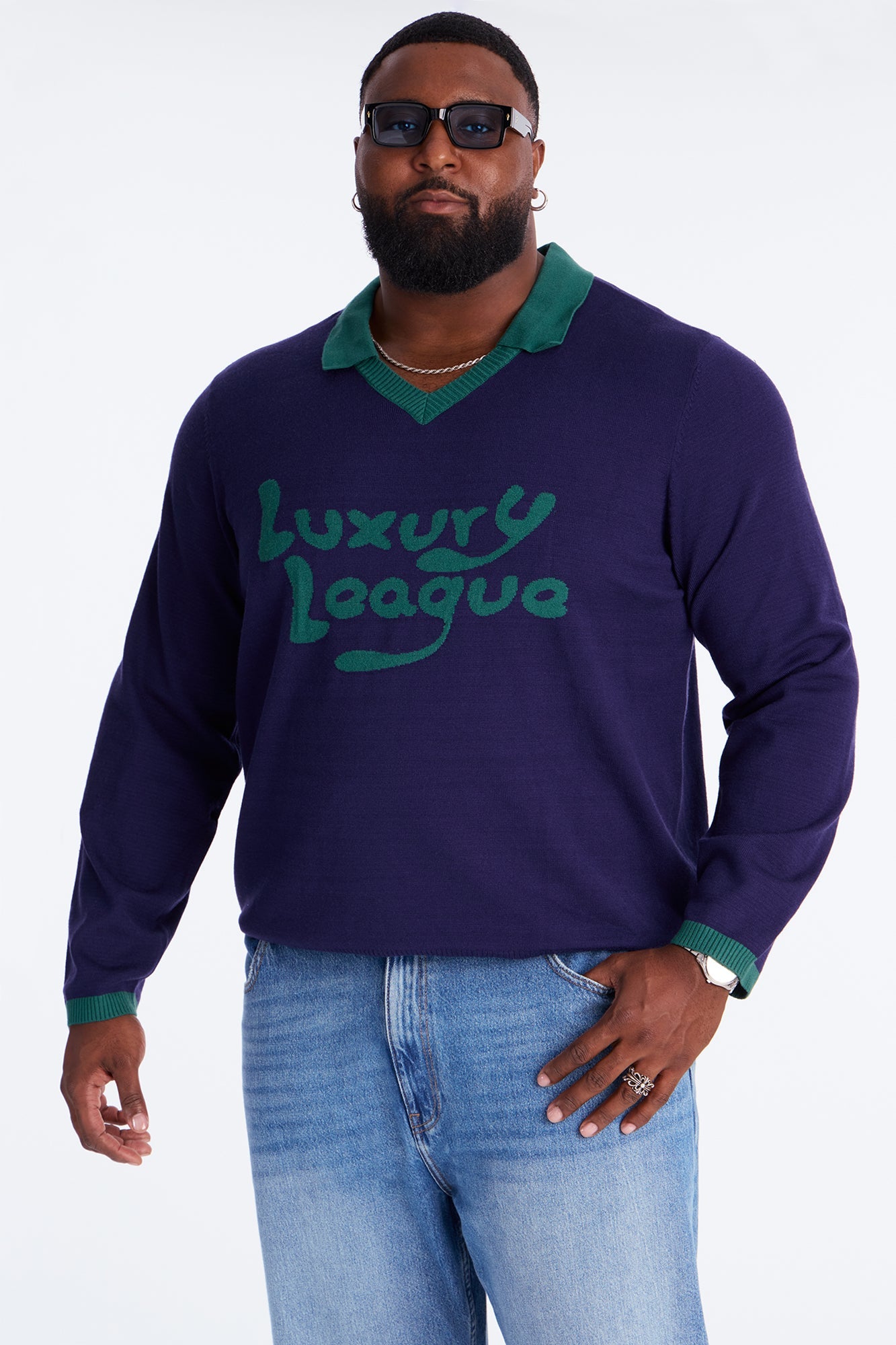 Luxury League Lightweight Knit Long Sleeve Polo - Navy/combo