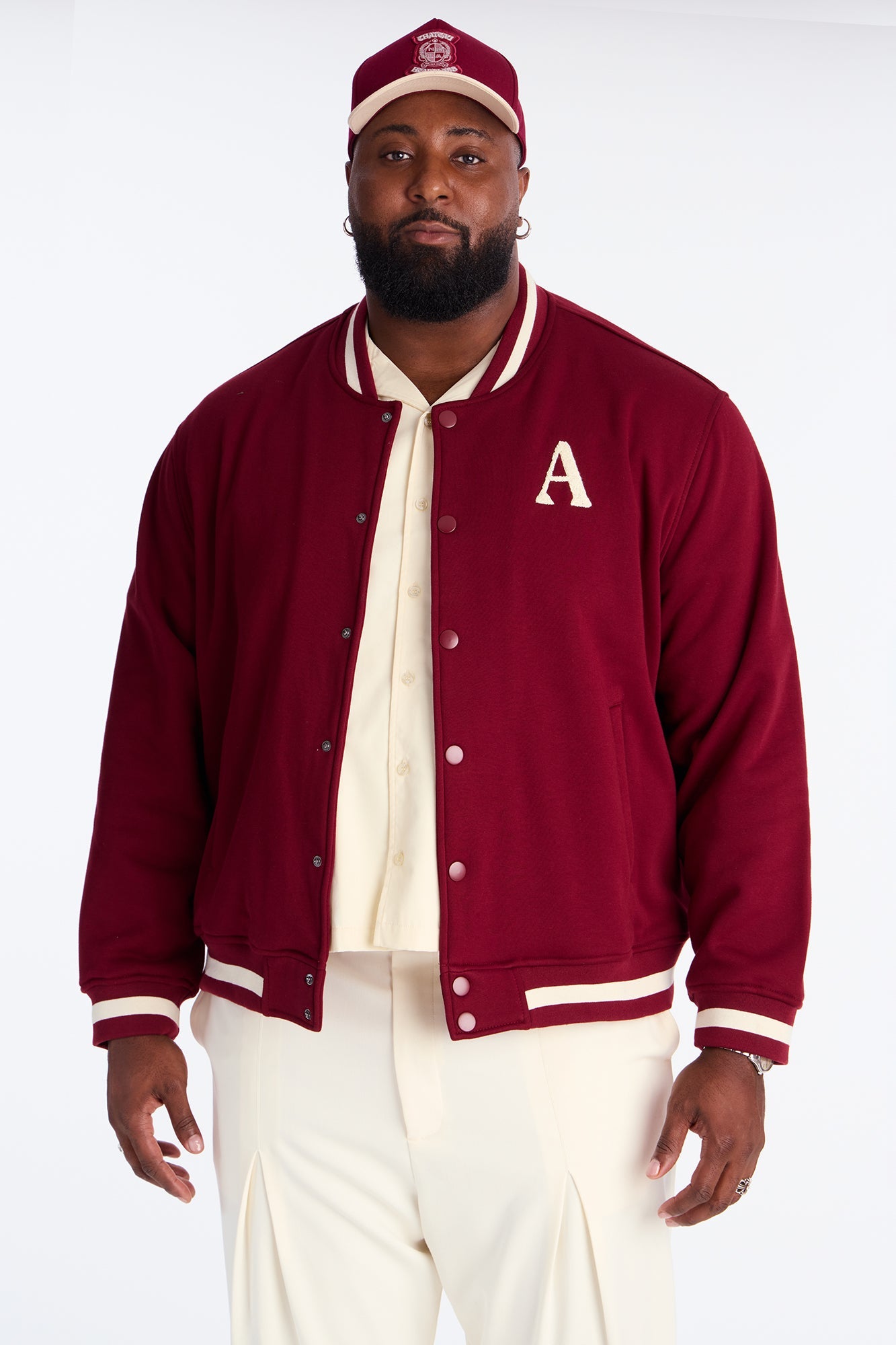 Embroidered Angels Above Varsity Jacket - Burgundy