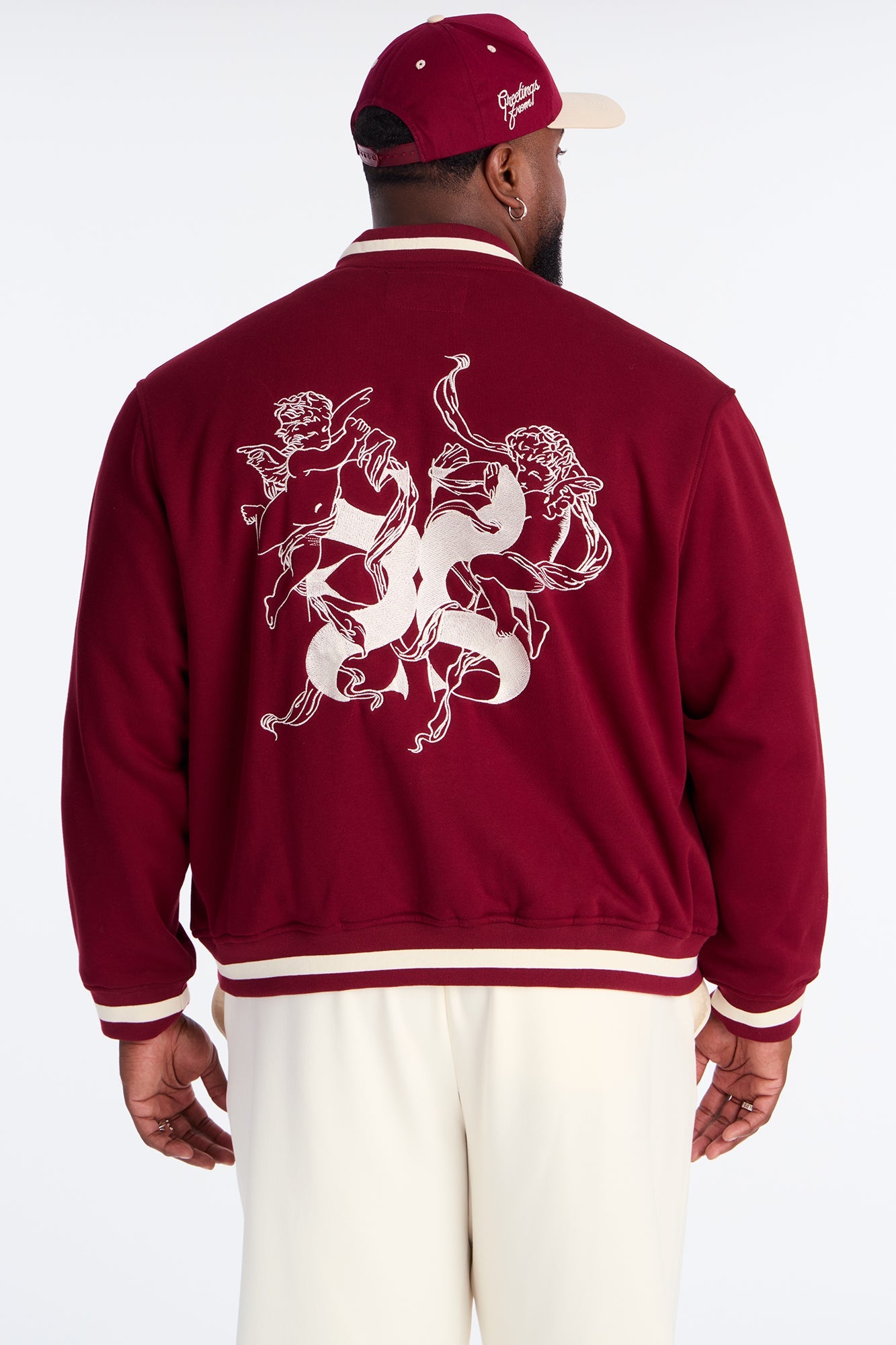 Embroidered Angels Above Varsity Jacket - Burgundy
