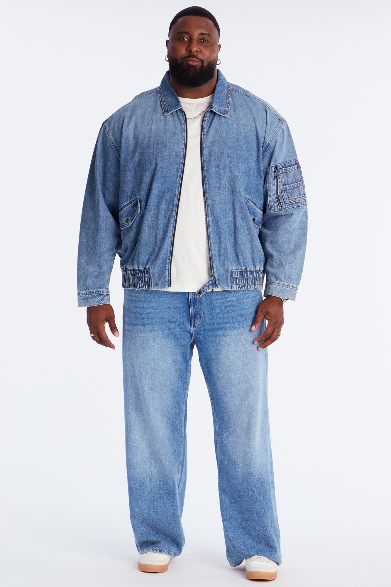 Collared Denim Bomber Jacket - Medium Blue Wash
