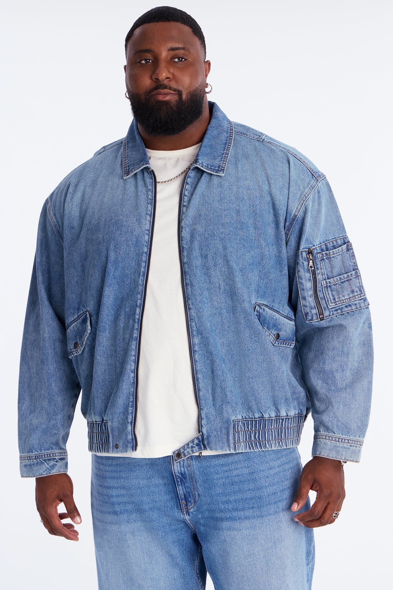 Collared Denim Bomber Jacket - Medium Blue Wash