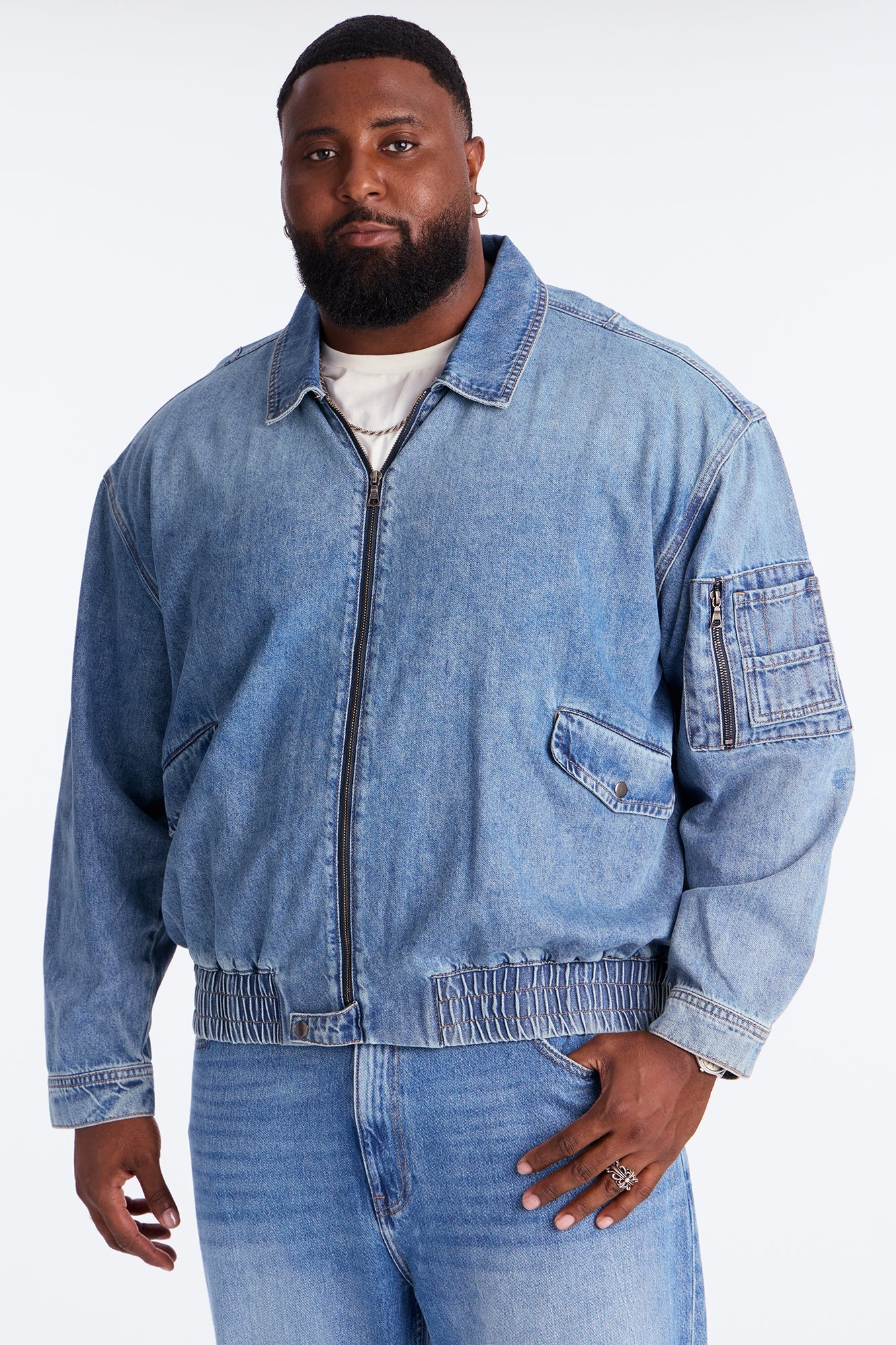 Collared Denim Bomber Jacket - Medium Blue Wash