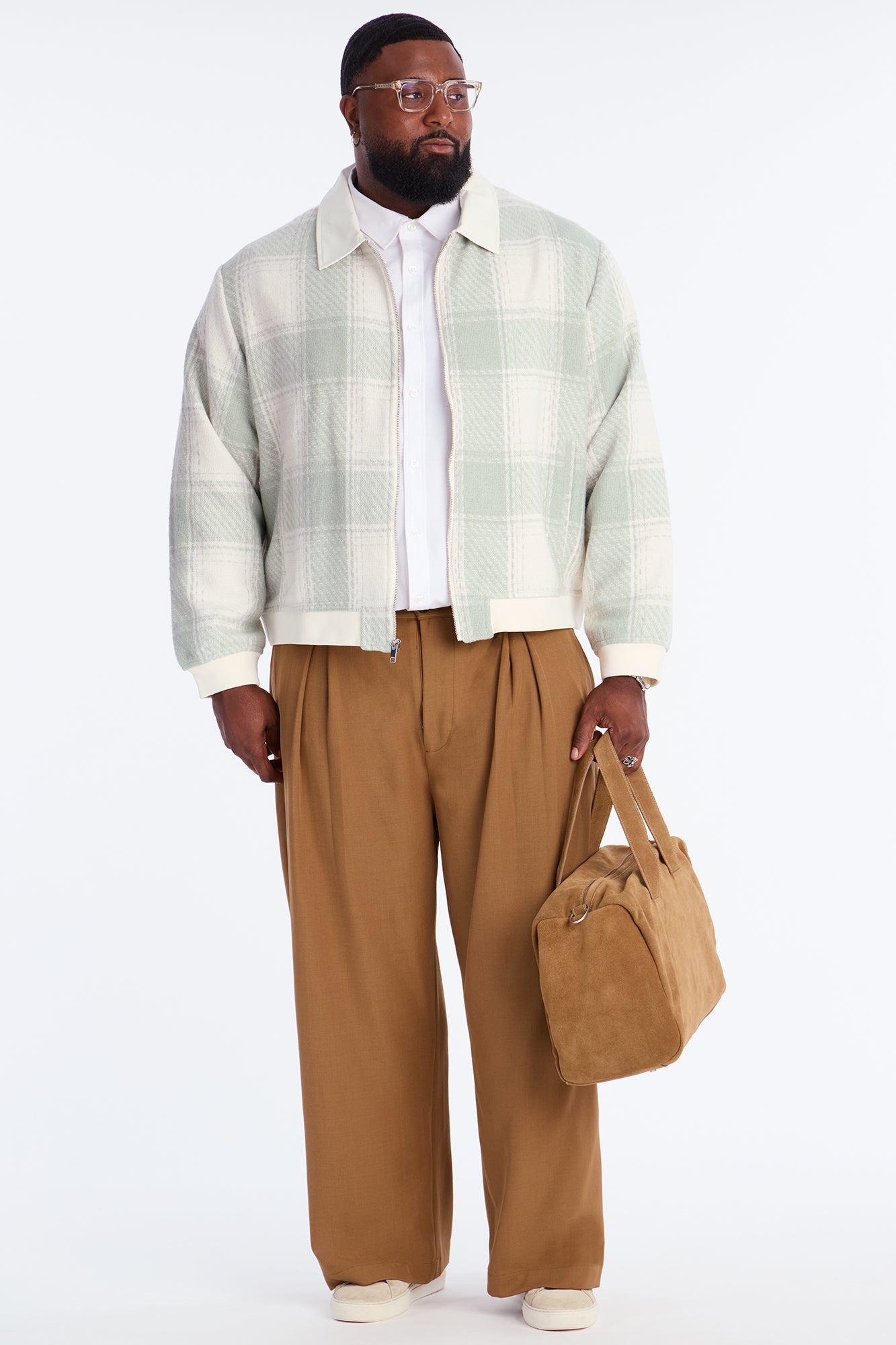 Tweed Plaid Bomber Jacket - Sage