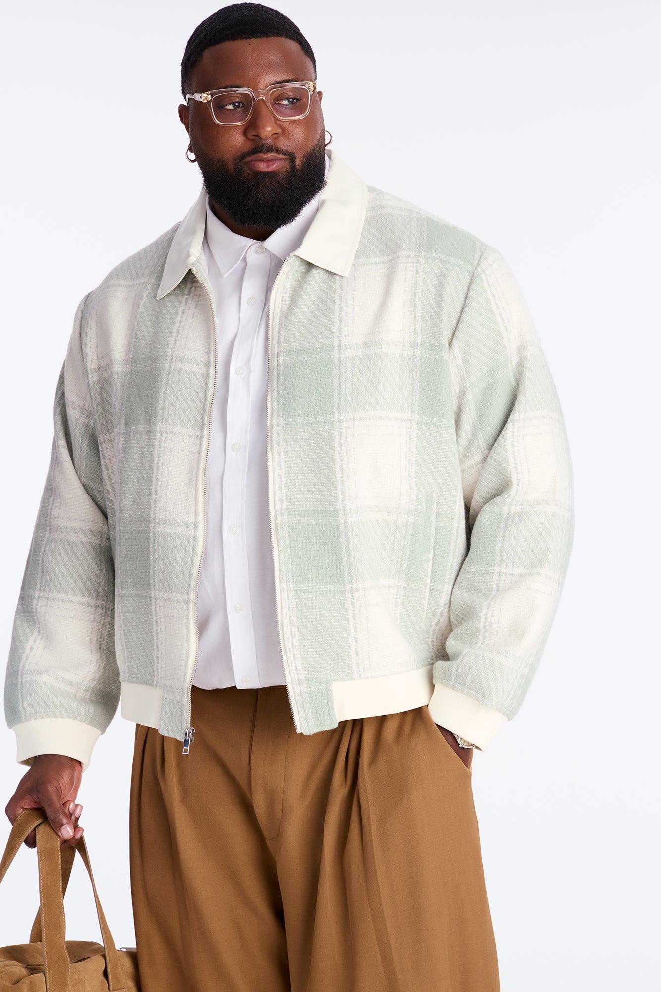 Tweed Plaid Bomber Jacket - Sage