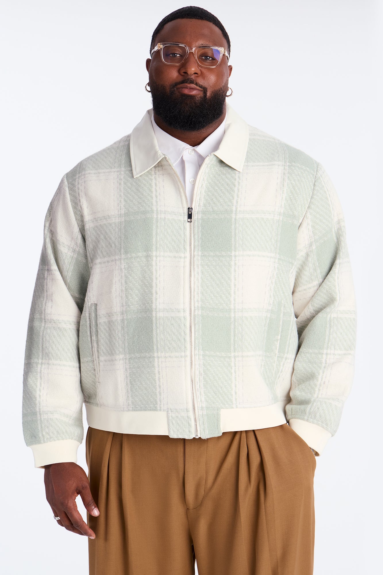 Tweed Plaid Bomber Jacket - Sage