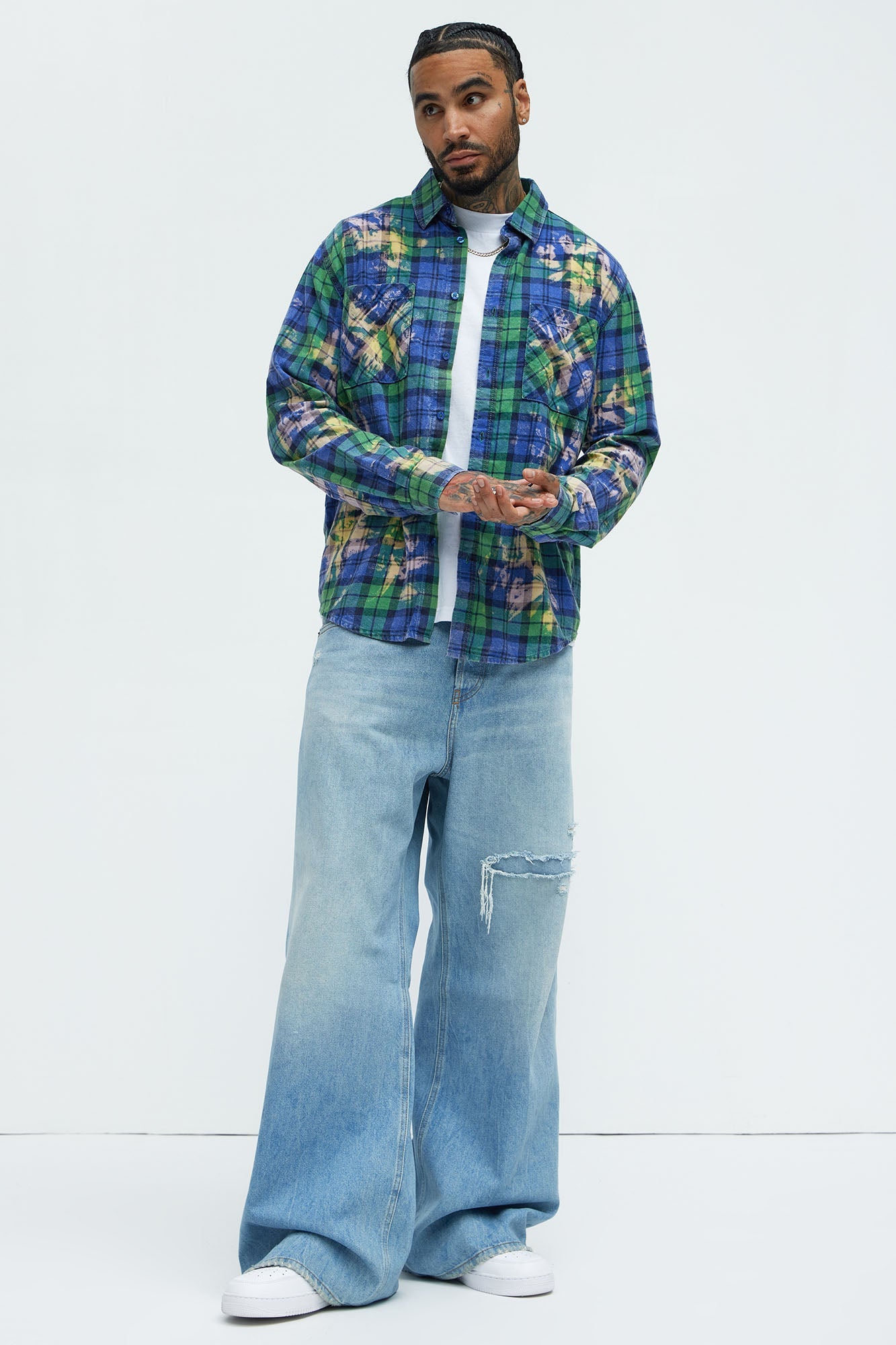 Ekon Bleached Plaid Shirt - Blue/combo