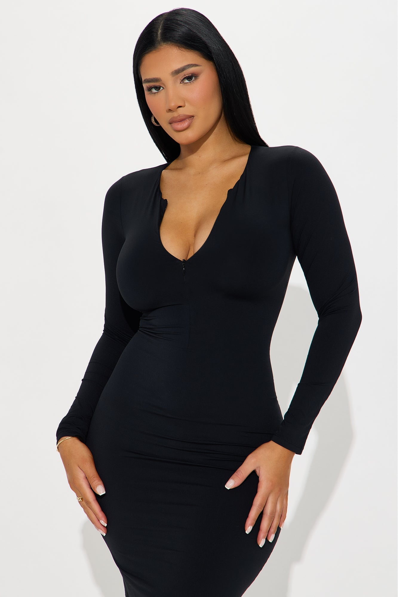 Second Skin Double Lined Zip Front Long Sleeve Midi Dress - Black