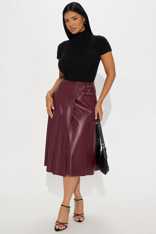 Kylie Belted Faux Leather Midi Skirt - Burgundy