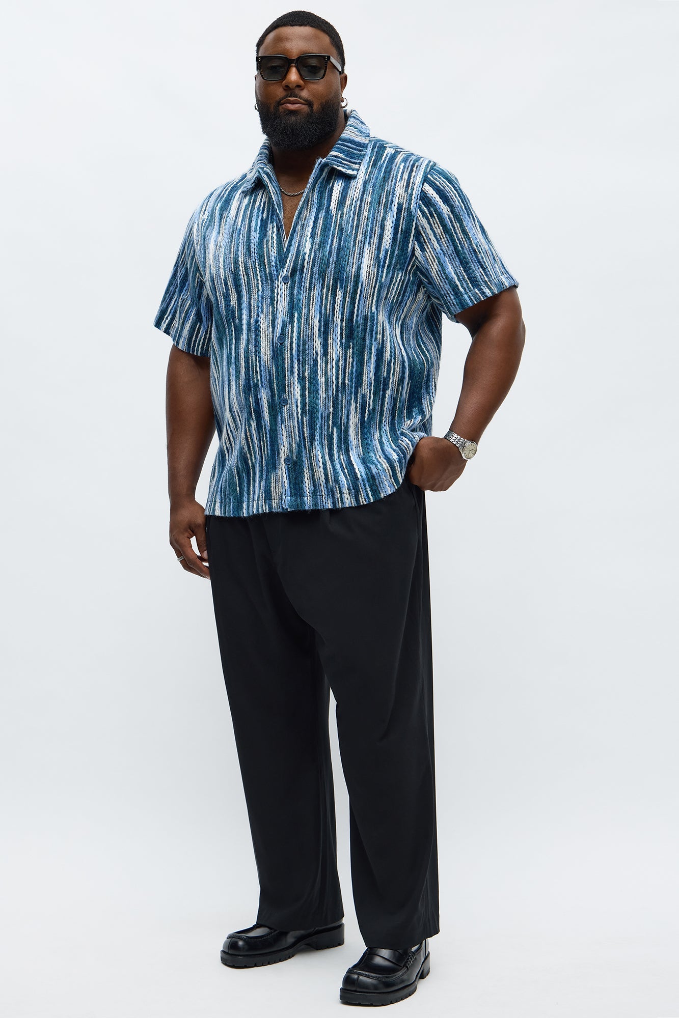 Melange Yarn Closed Closed Collar Short Sleeve Shirt - Blue/combo