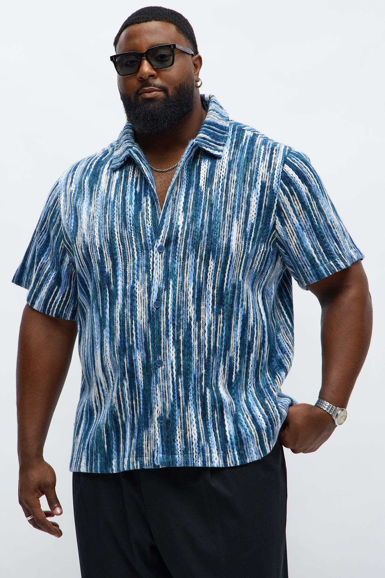 Melange Yarn Closed Closed Collar Short Sleeve Shirt - Blue/combo