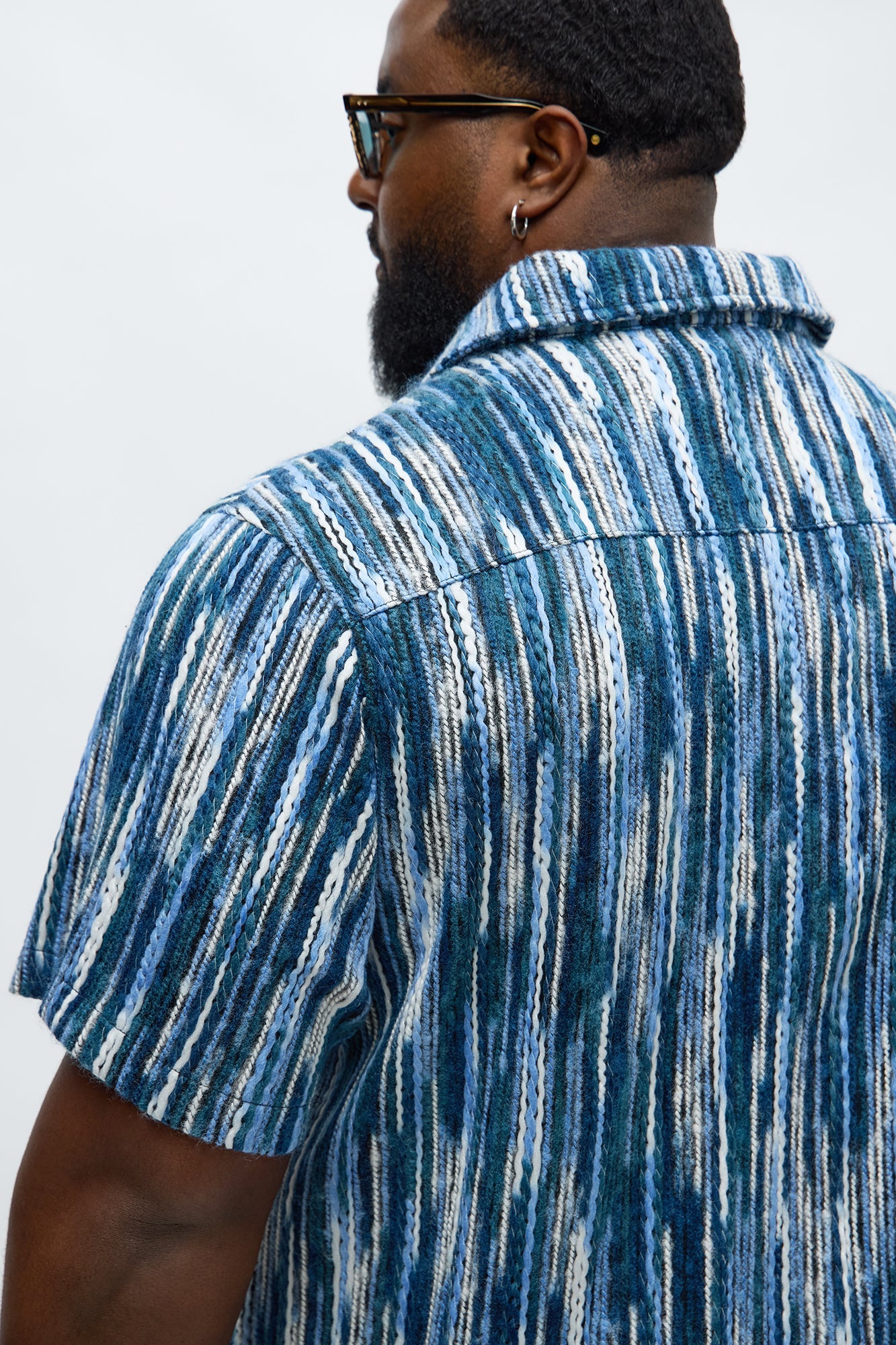 Melange Yarn Closed Closed Collar Short Sleeve Shirt - Blue/combo