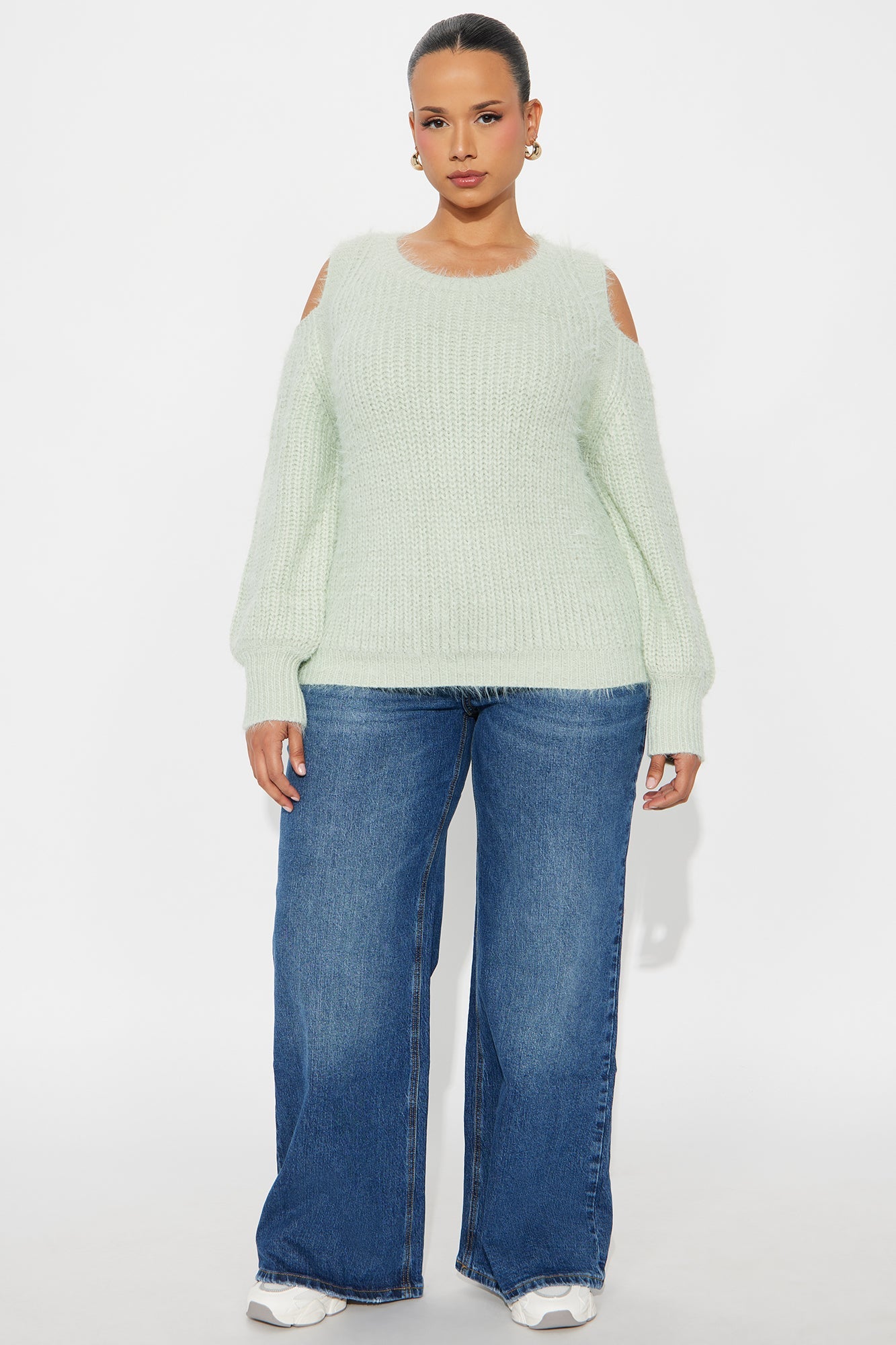 Sweet Face Fuzzy Cold Shoulder Sweater Top - Mint